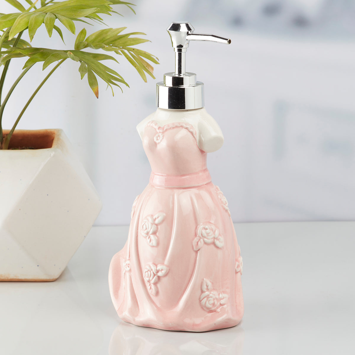 Ceramic Soap Dispenser handwash Pump for Bathroom, Set of 1, Pink (10160)
