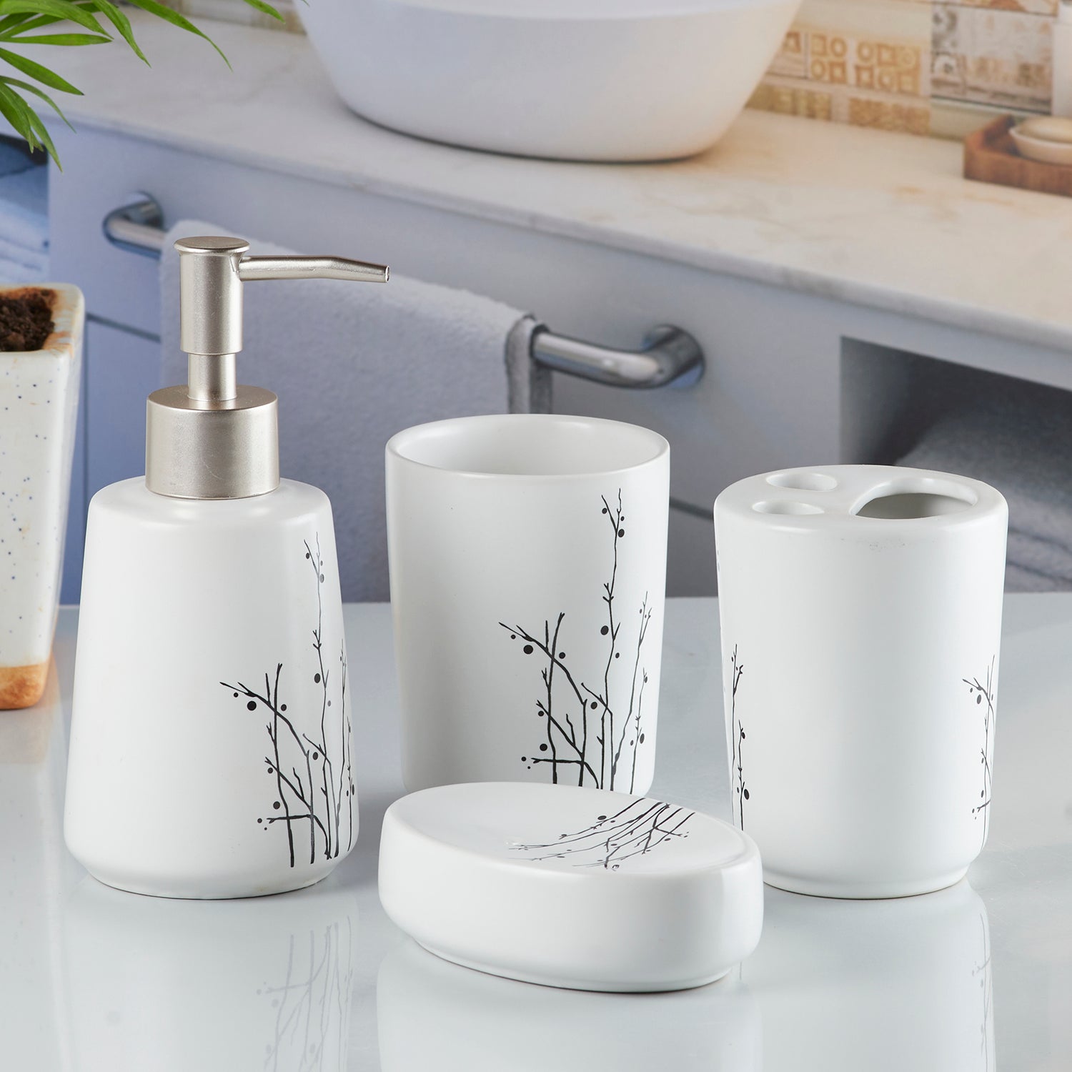 Ceramic Bathroom Accessories Set of 4 with Soap Dispenser (10166)