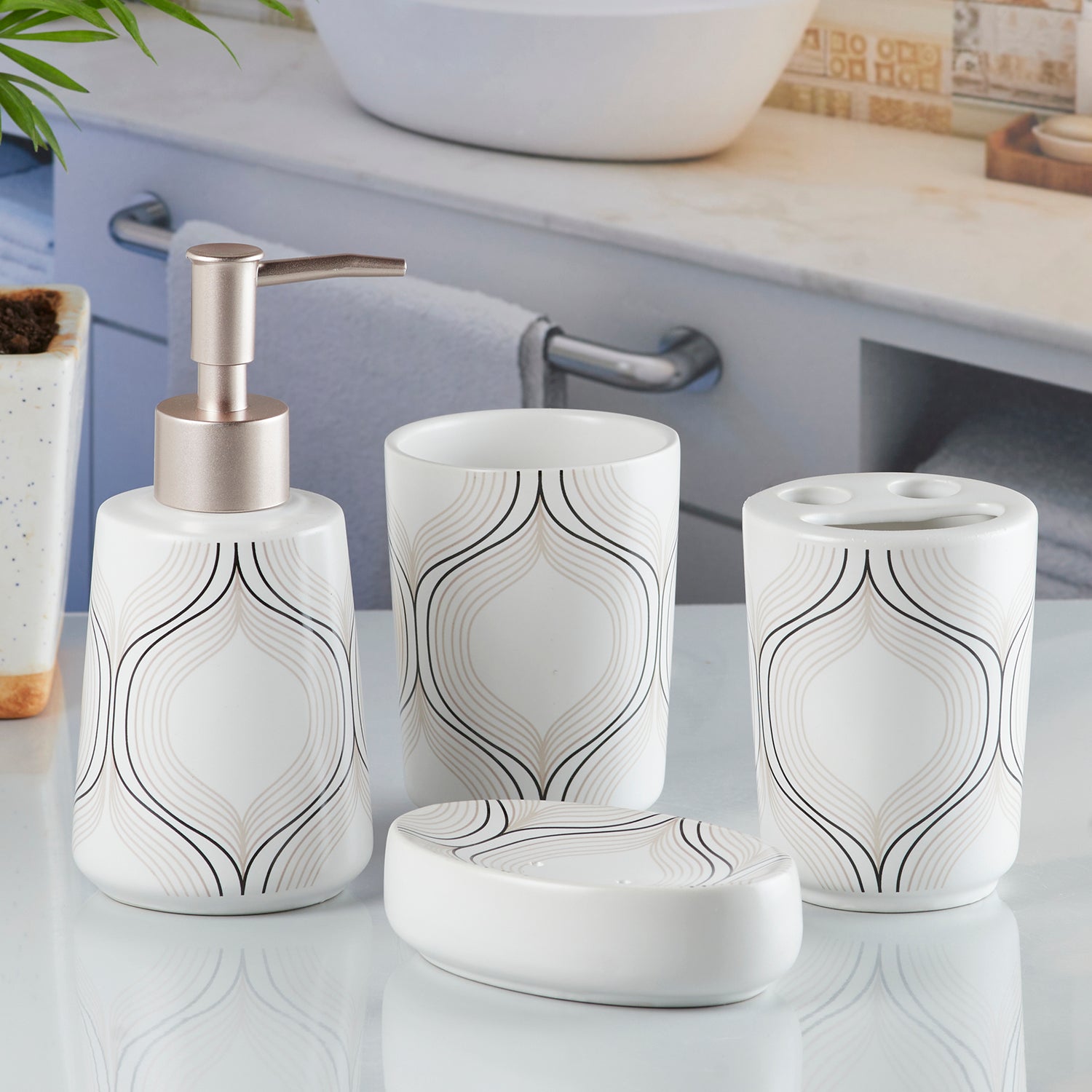 Ceramic Bathroom Accessories Set of 4 with Soap Dispenser (10166)