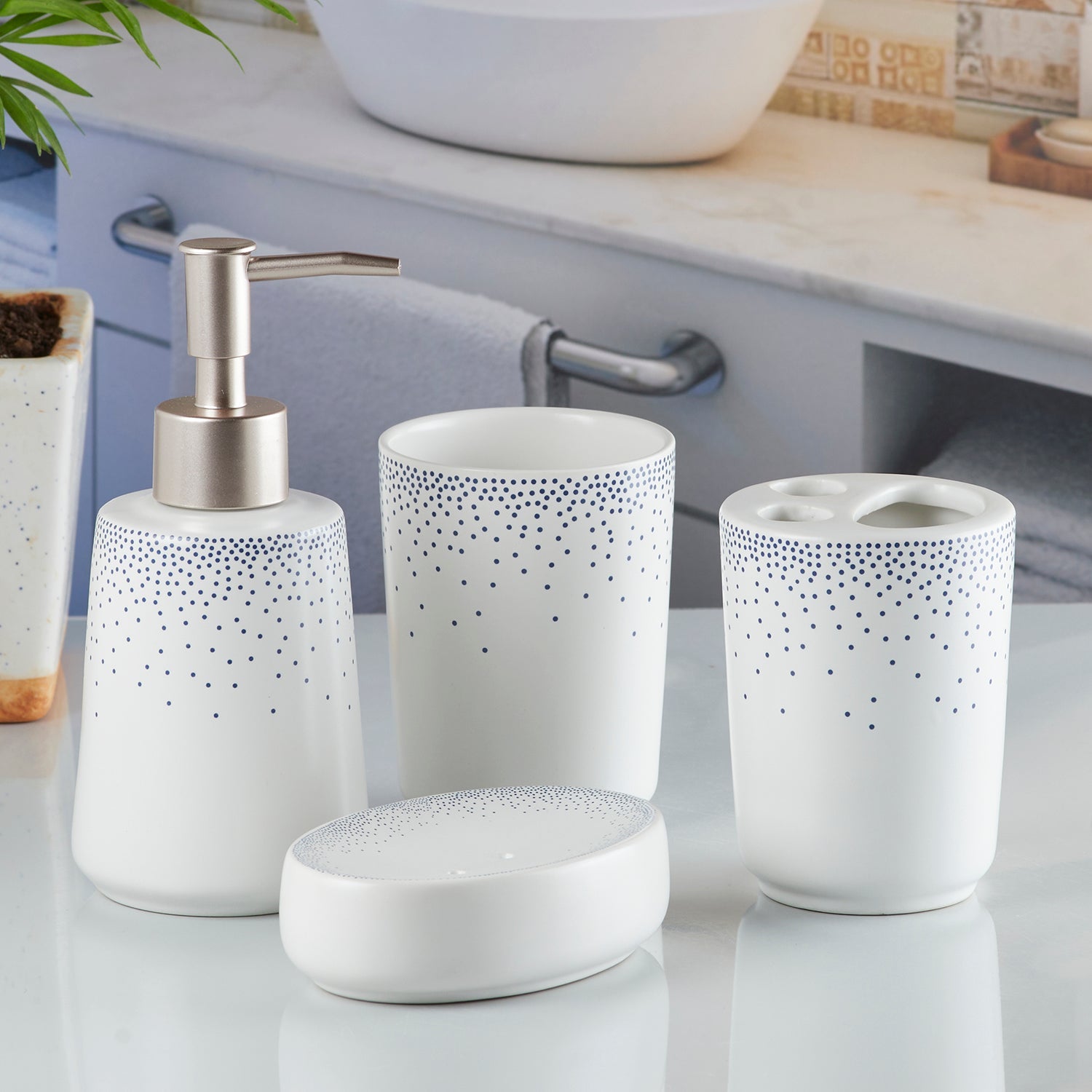 Ceramic Bathroom Accessories Set of 4 with Soap Dispenser (10166)