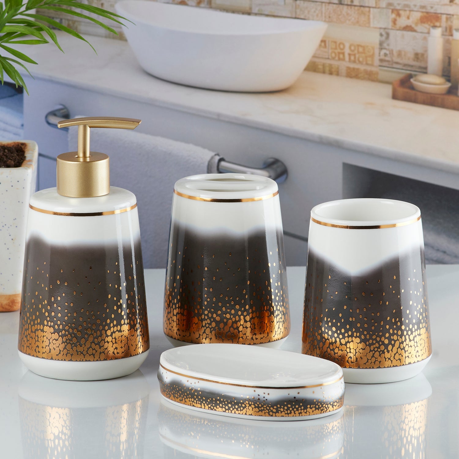 Ceramic Bathroom Set of 4 with Soap Dispenser (10177)