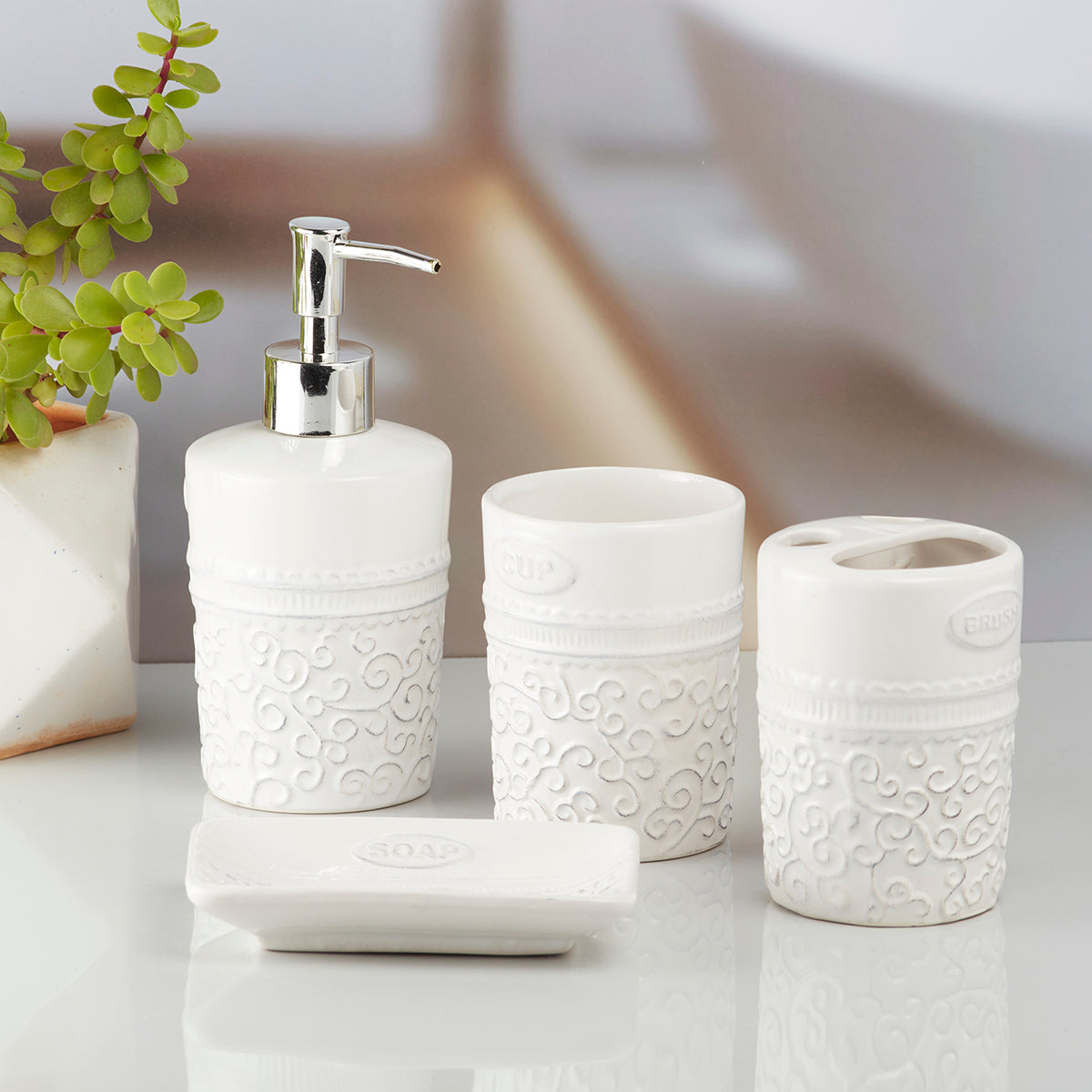 Ceramic Bathroom Set of 4 with Soap Dispenser (10180)