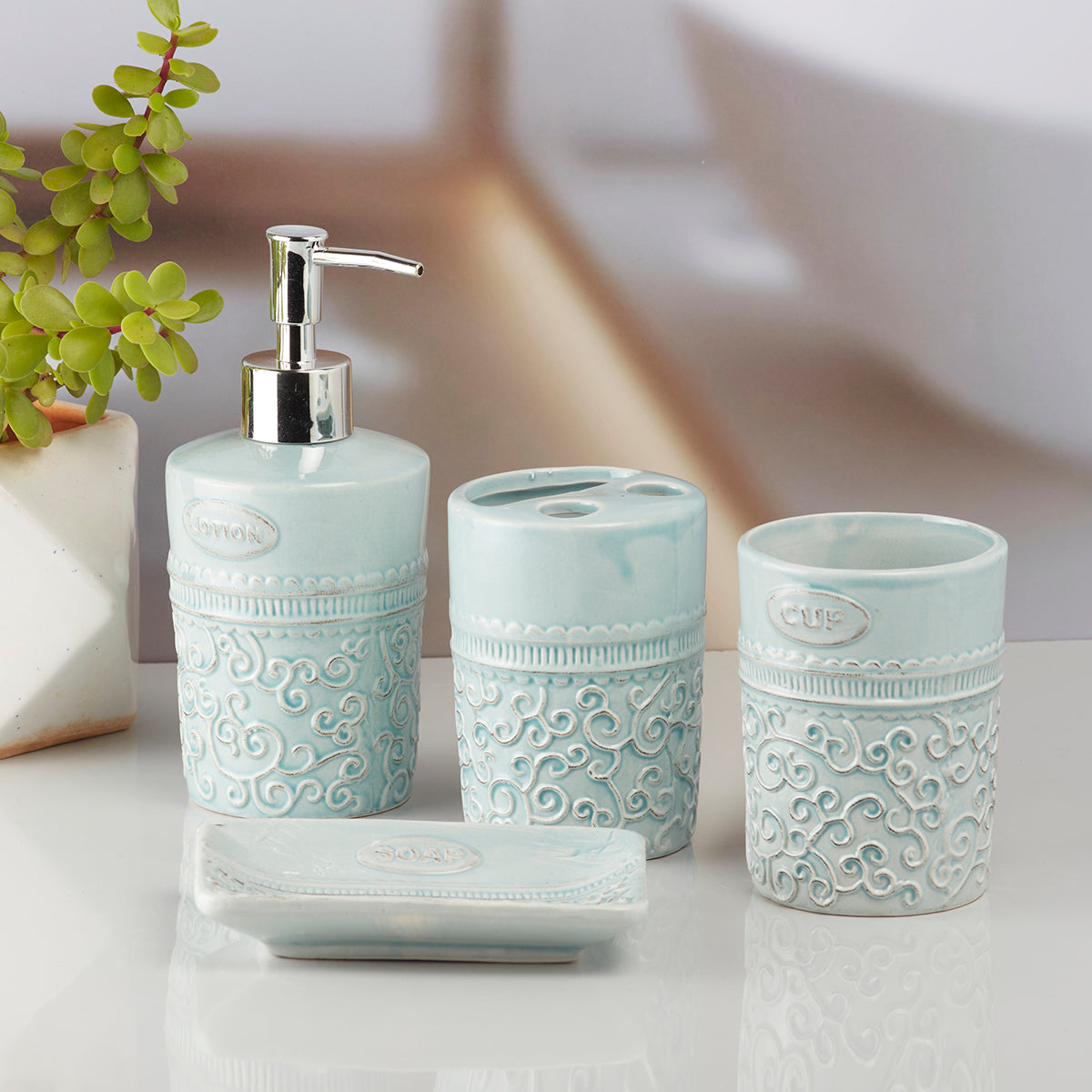 Ceramic Bathroom Set of 4 with Soap Dispenser (10180)