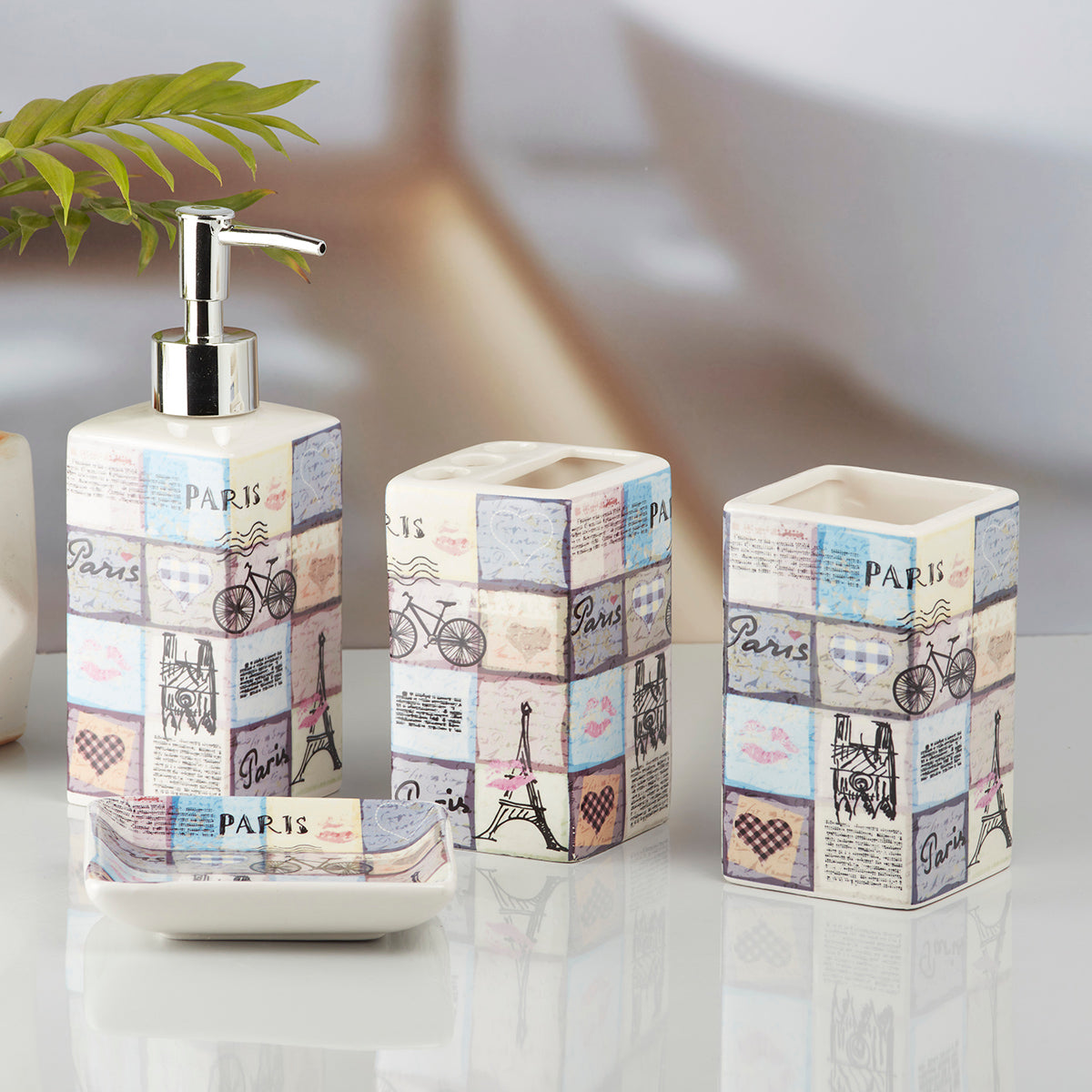 Ceramic Bathroom Accessories Set of 4 with Soap Dispenser (10189)