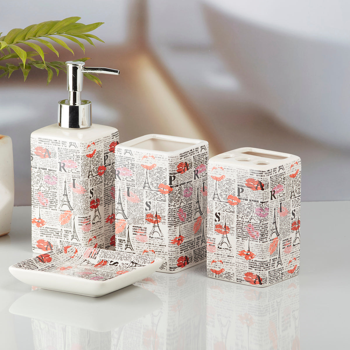 Ceramic Bathroom Accessories Set of 4 Bath Set with Soap Dispenser (9844)