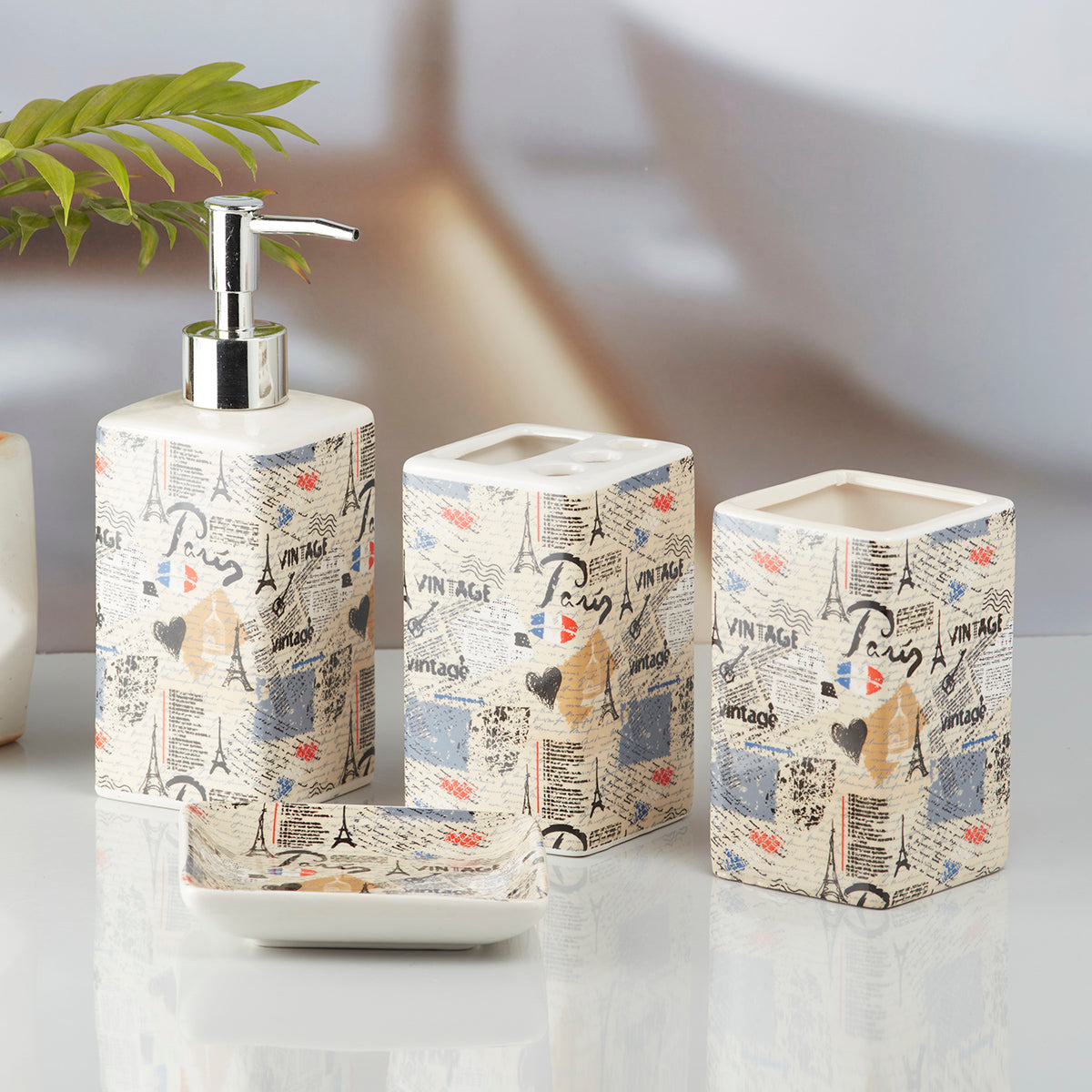 Ceramic Bathroom Accessories Set of 4 with Soap Dispenser (10191)