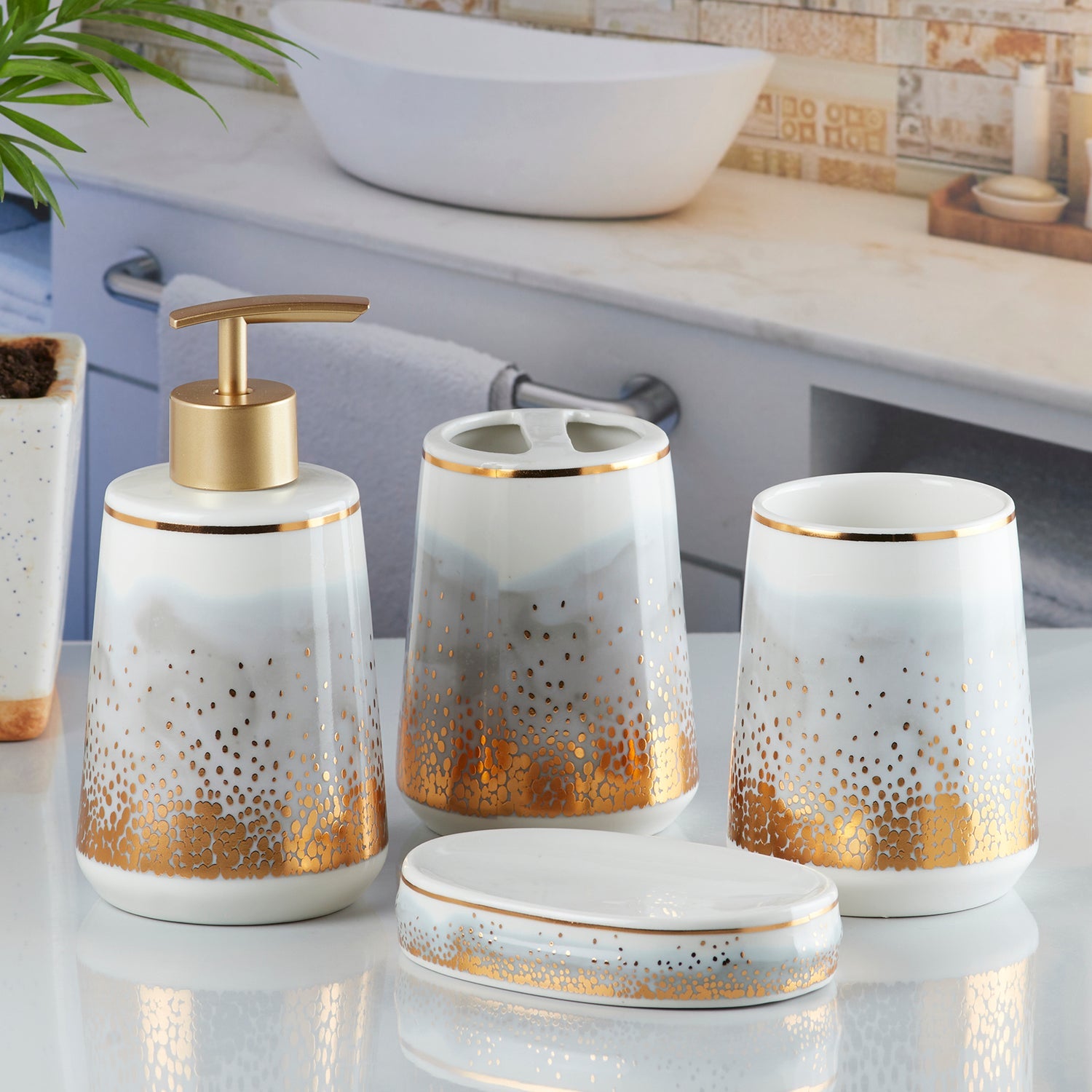 Ceramic Bathroom Set of 4 with Soap Dispenser (10177)