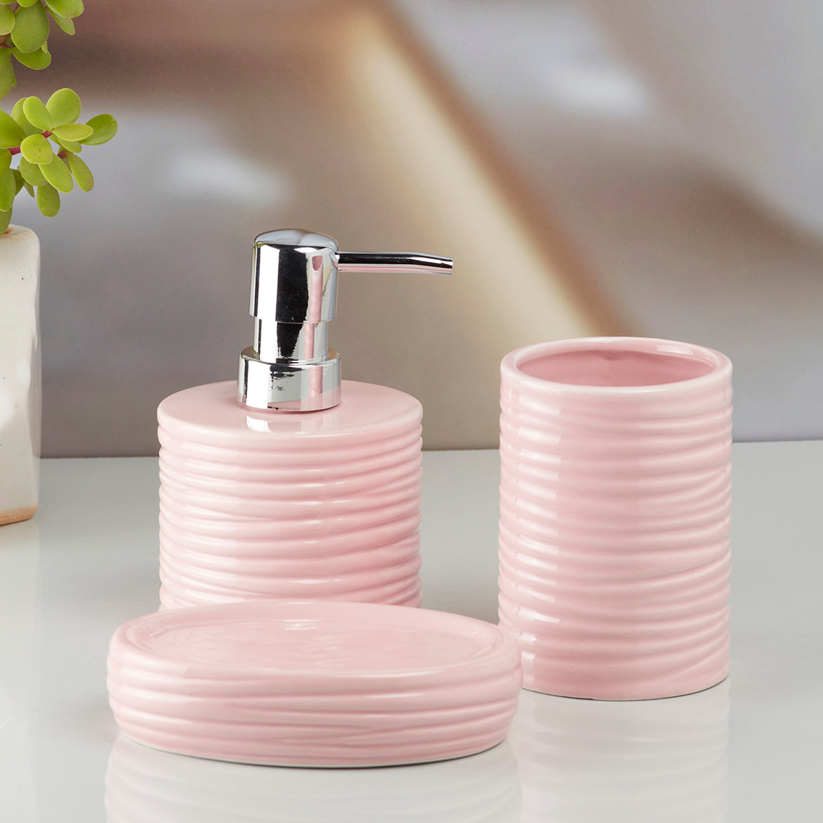 Kookee Ceramic Bathroom Accessories Set of 3, Modern Bath Set with Liquid handwash Soap Dispenser and Toothbrush holder, Luxury Gift Accessory for Home, Pink (10196)