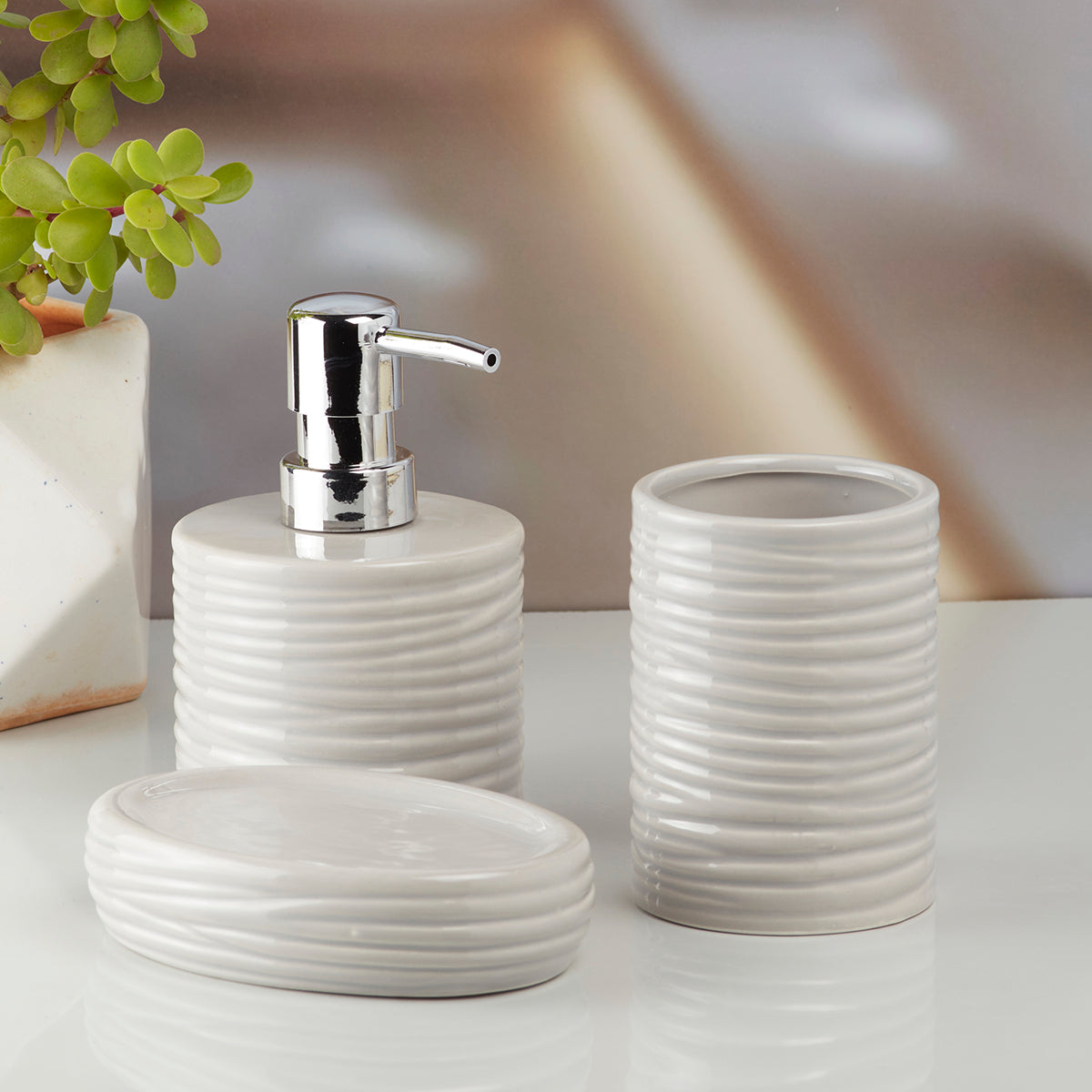 Ceramic Bathroom Accessories Set of 3 with Soap Dispenser (11139)