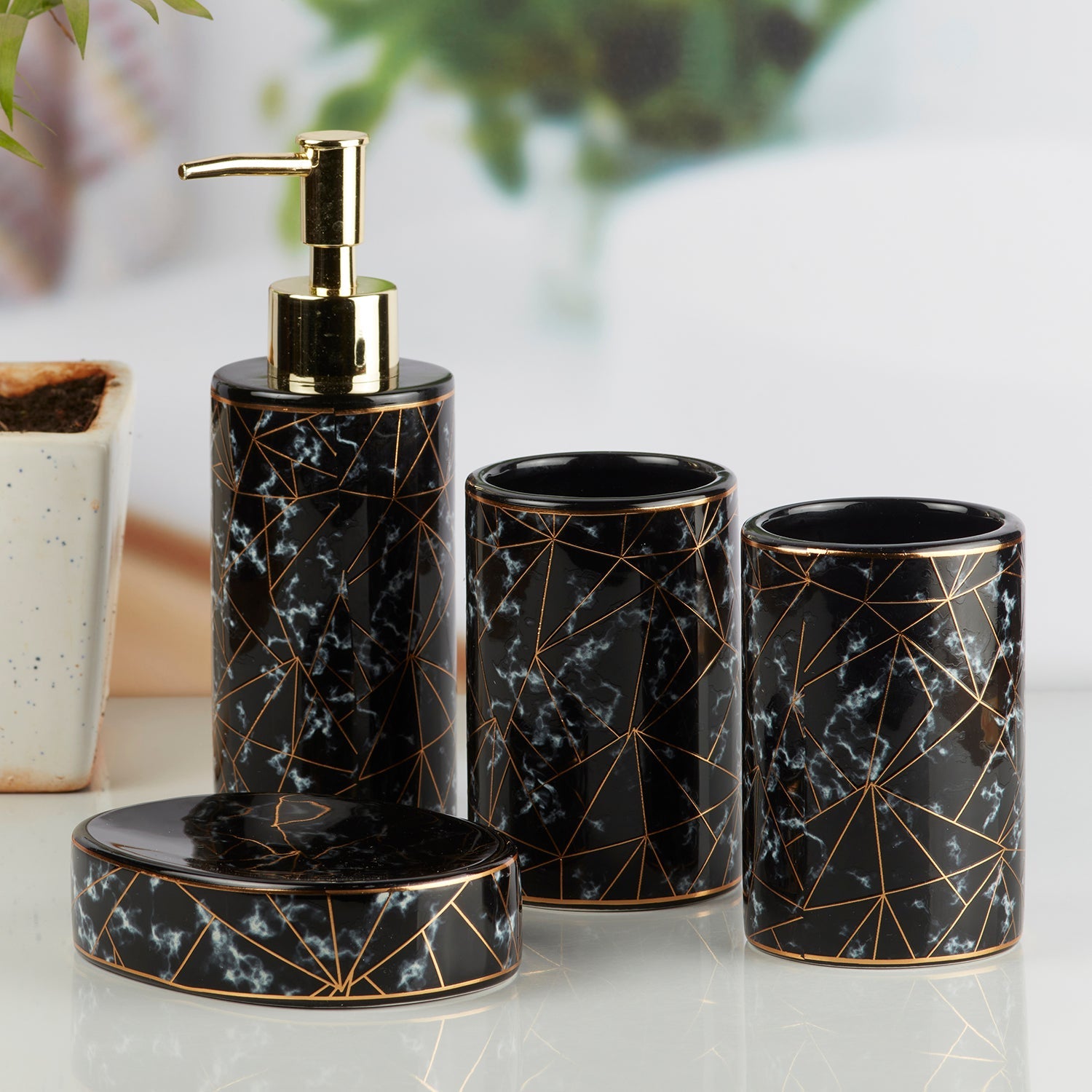 Ceramic Bathroom Set of 4 with Soap Dispenser (10199)