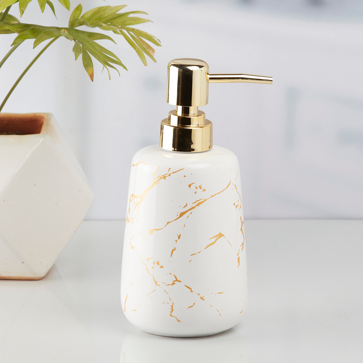 Ceramic Soap Dispenser handwash Pump for Bathroom, Set of 1, Grey/Gold (10201)