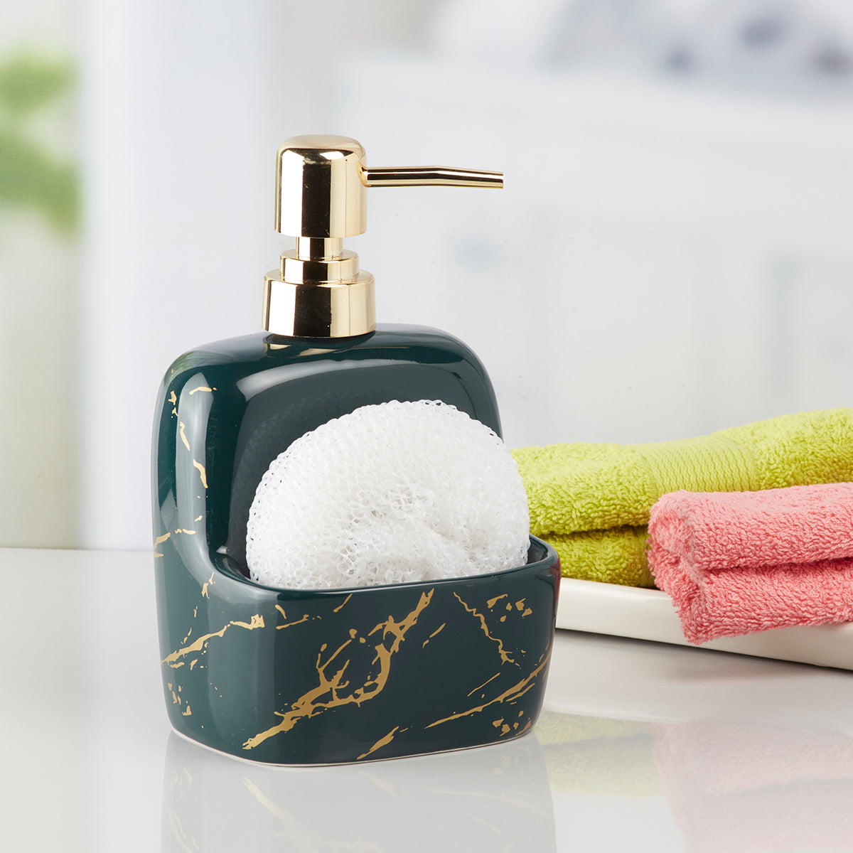 Ceramic Soap Dispenser handwash Pump for Bathroom, Set of 1, Green/Gold (10206)