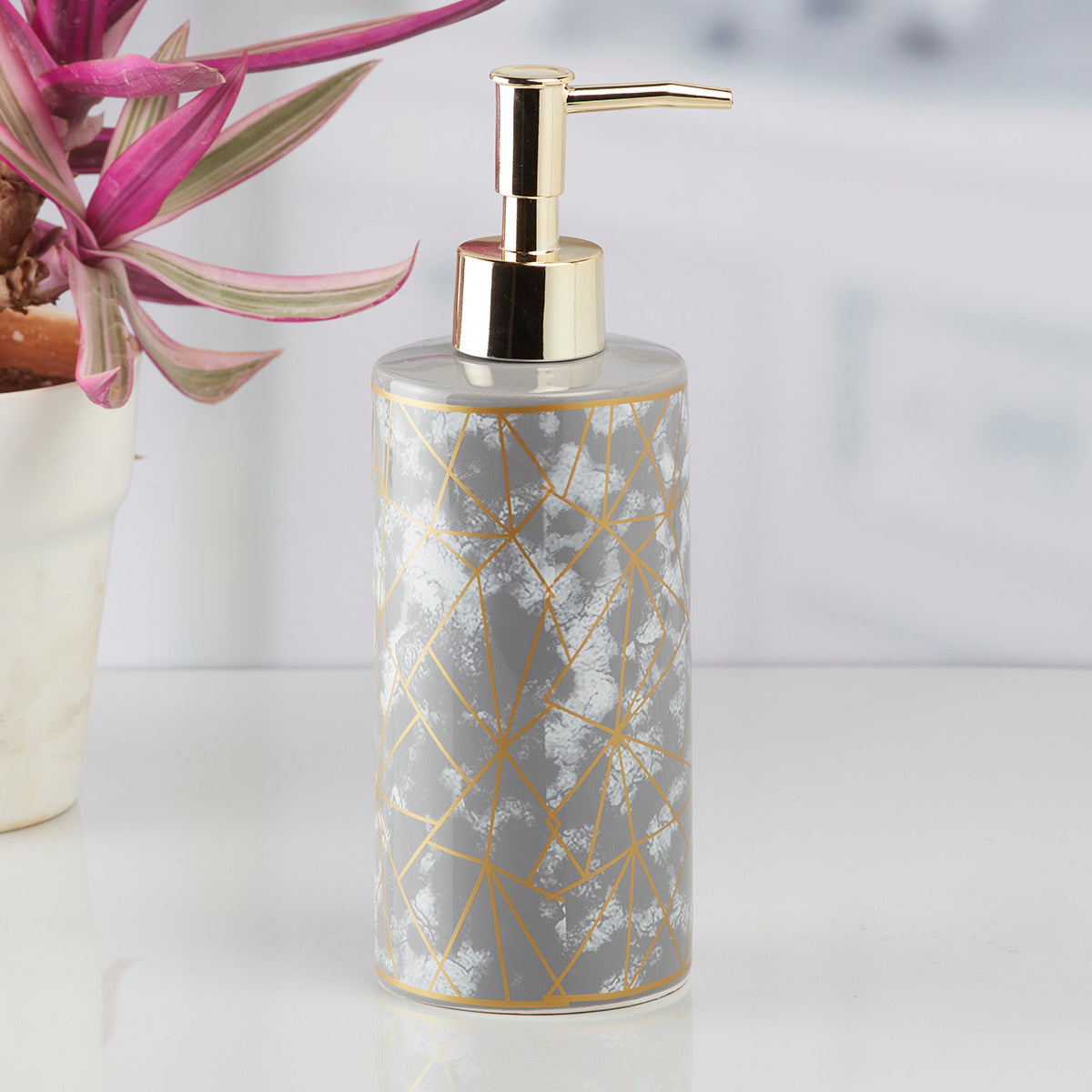 Ceramic Soap Dispenser handwash Pump for Bathroom, Set of 1, Grey/Gold (10211)