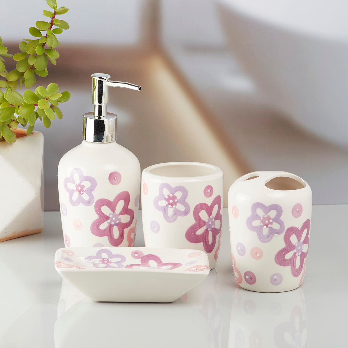 Ceramic Bathroom Set of 4 with Soap Dispenser (10213)