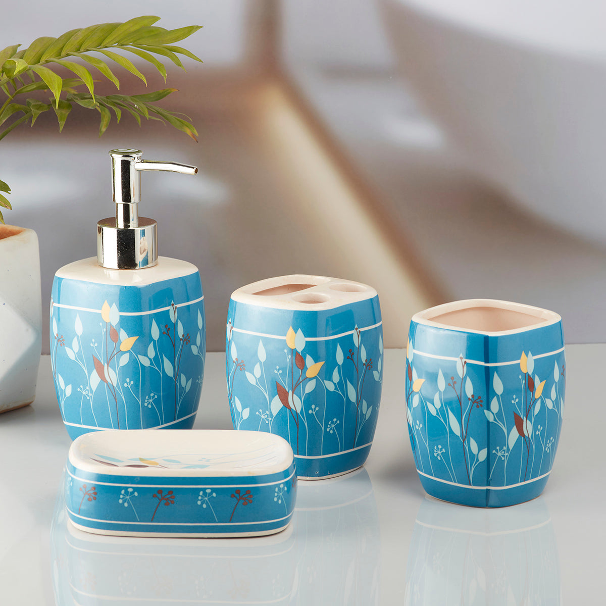 Ceramic Bathroom Accessories Set of 4 with Soap Dispenser (10216)