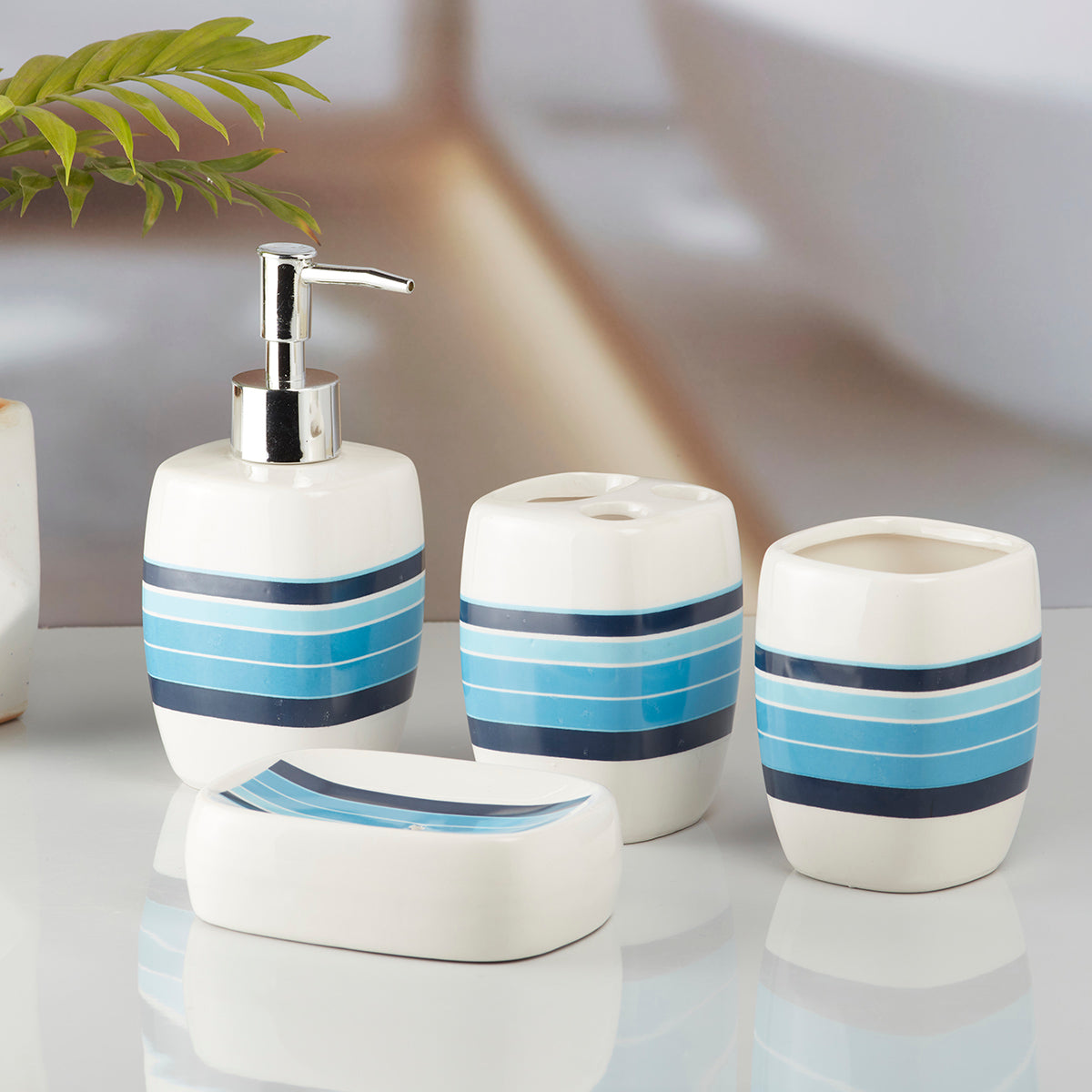 Ceramic Bathroom Accessories Set of 4 with Soap Dispenser (10217)
