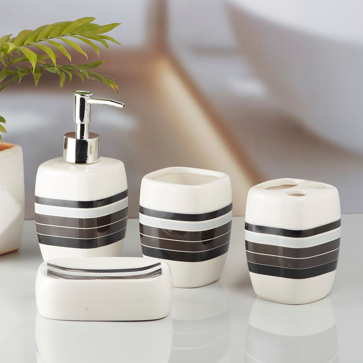 Ceramic Bathroom Accessories Set of 4 with Soap Dispenser (10218)