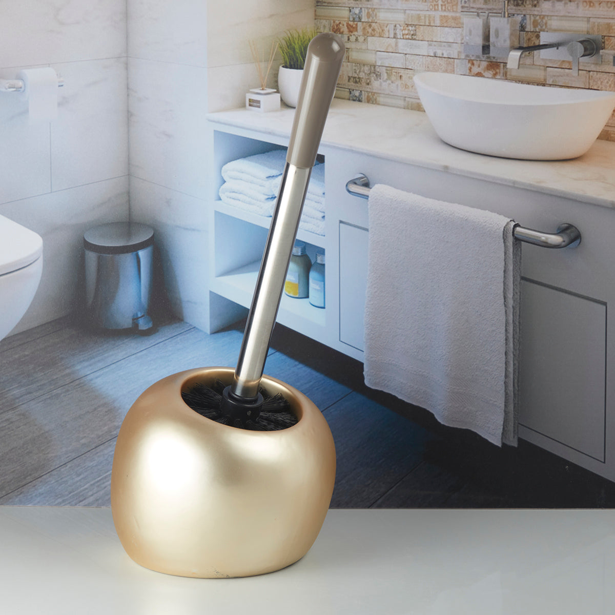 Kookee Ceramic Toilet Cleaner Brush with Holder Stand for Bathroom, Commode, Washroom, Toilet Cleaning Brush, Gold (10221)