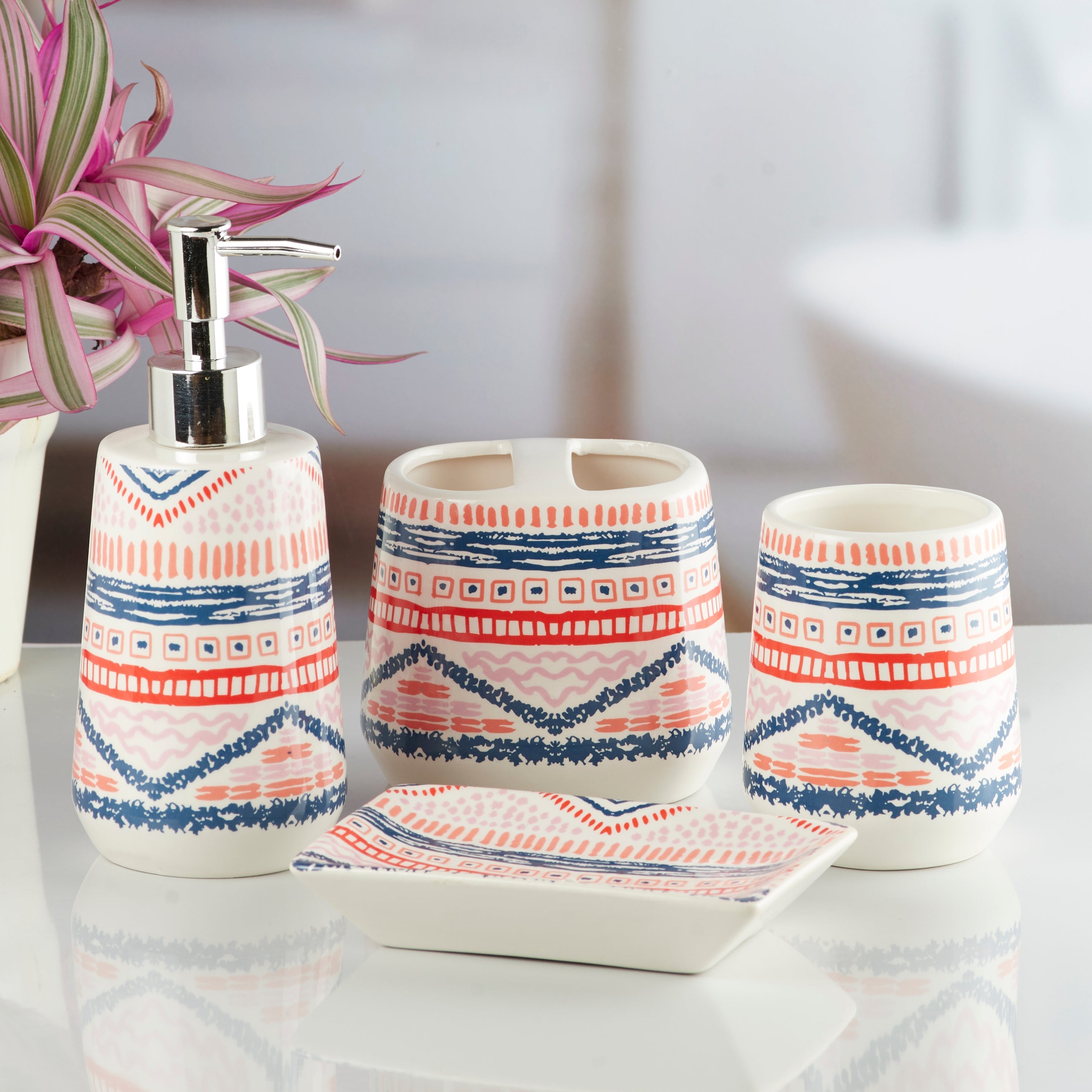 Ceramic Bathroom Set of 4 with Soap Dispenser (10228)