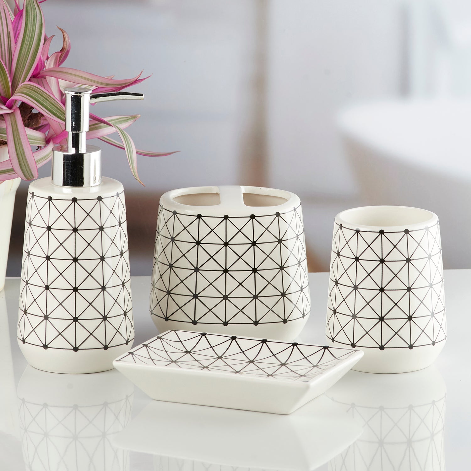 Ceramic Bathroom Accessories Set of 4 with Soap Dispenser (10229)