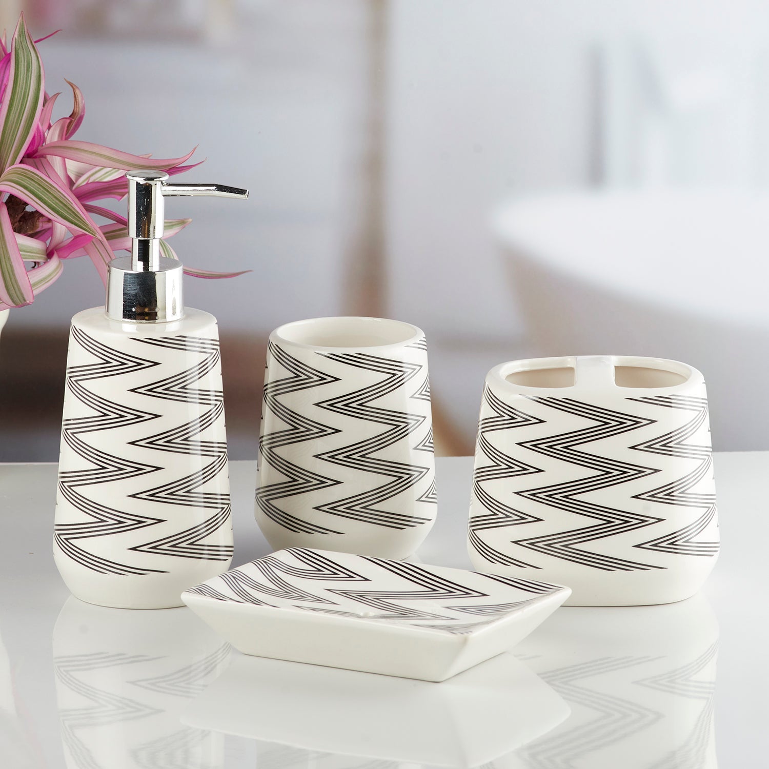 Ceramic Bathroom Set of 4 with Soap Dispenser (10230)