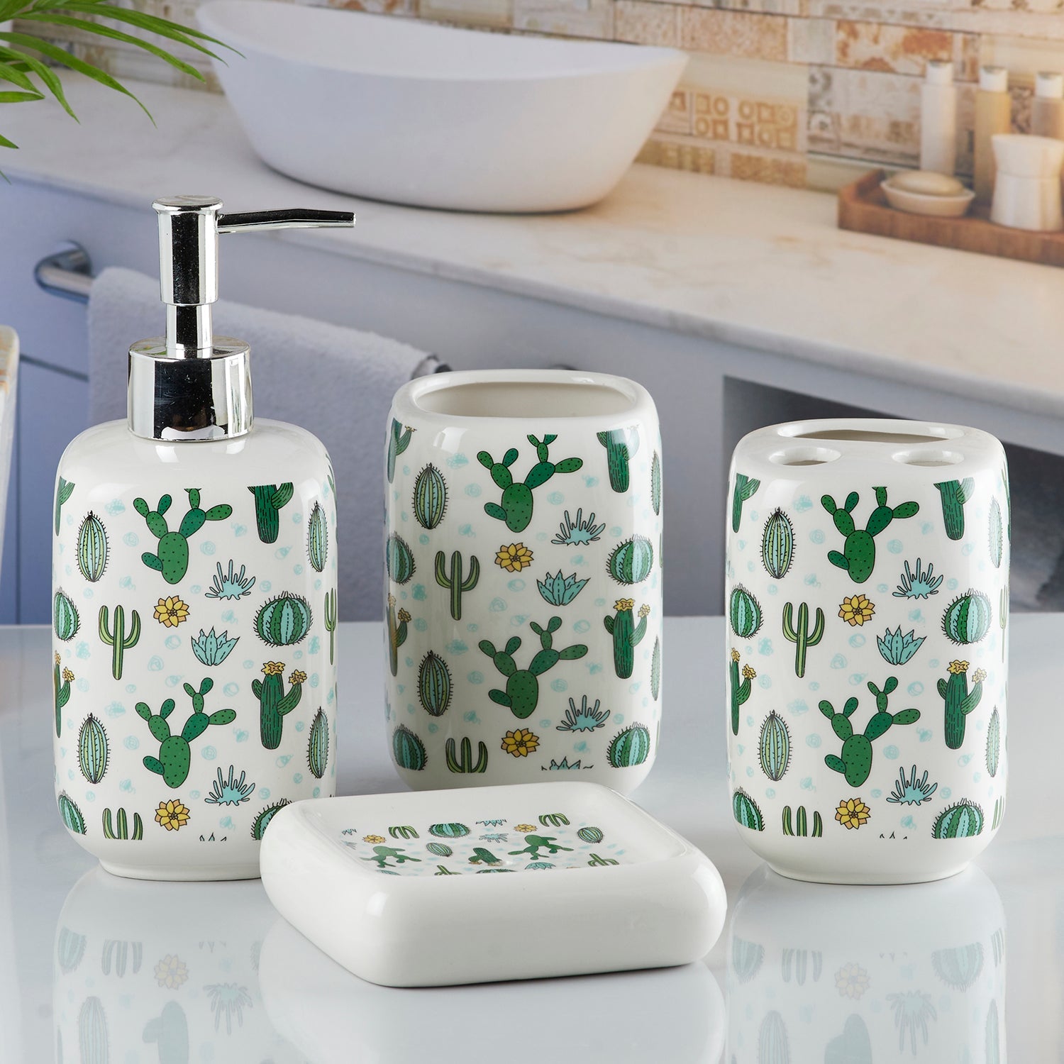 Ceramic Bathroom Set of 4 with Soap Dispenser (10233)