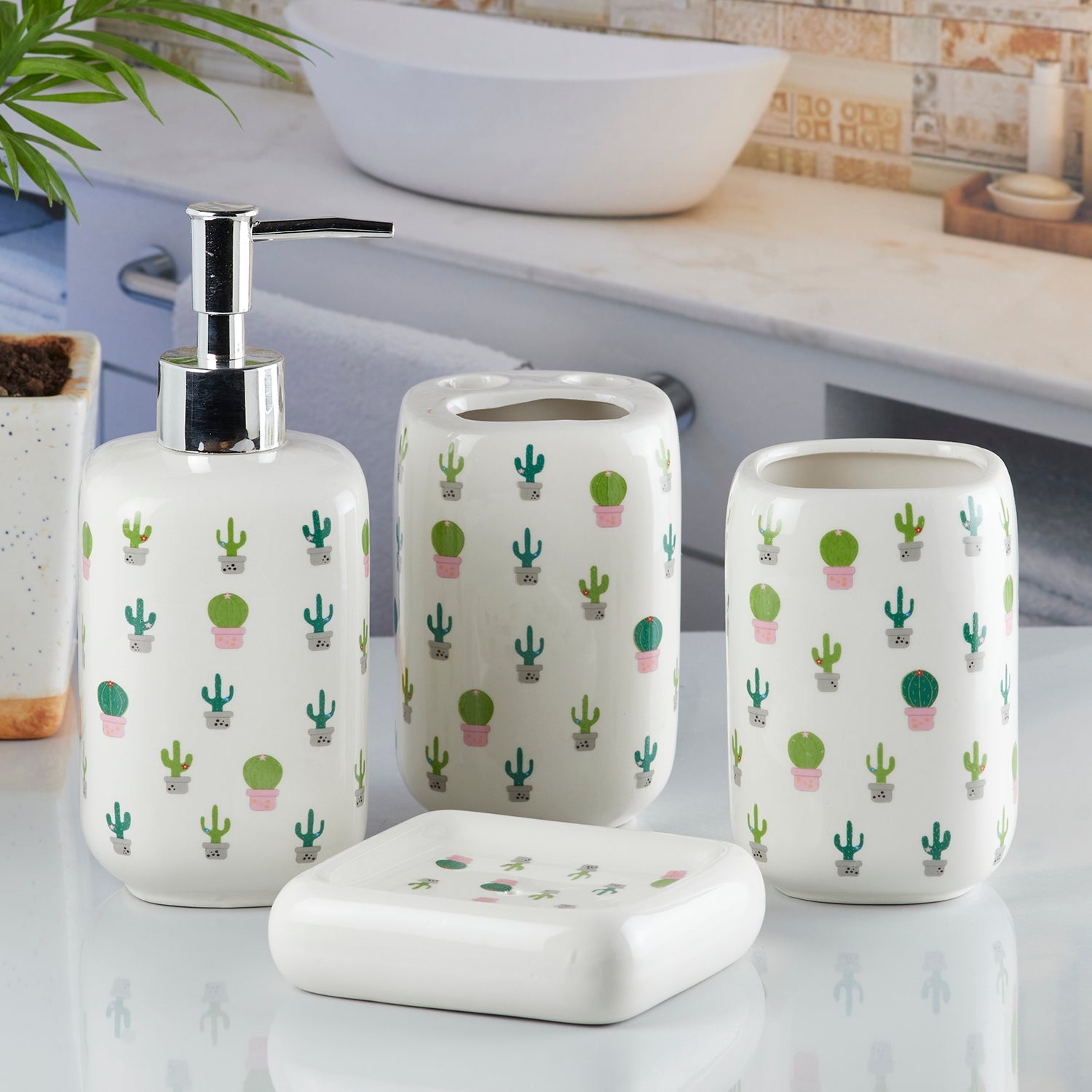 Ceramic Bathroom Accessories Set of 4 with Soap Dispenser (9899)