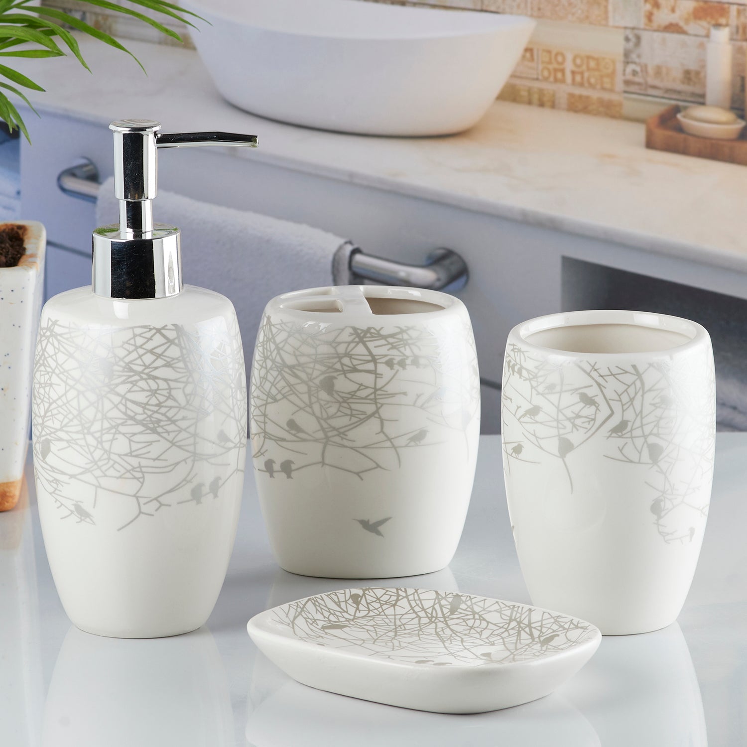Ceramic Bathroom Accessories Set of 4 with Soap Dispenser (10241)