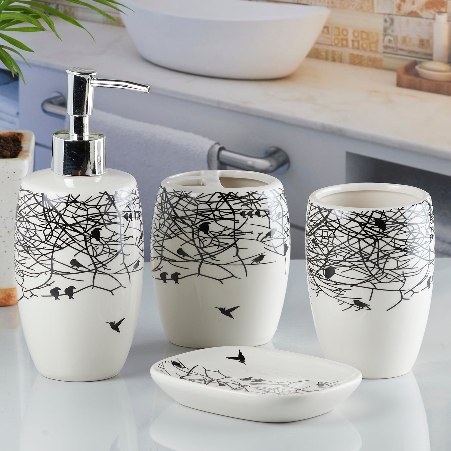 Ceramic Bathroom Accessories Set of 4 with Soap Dispenser (10241)