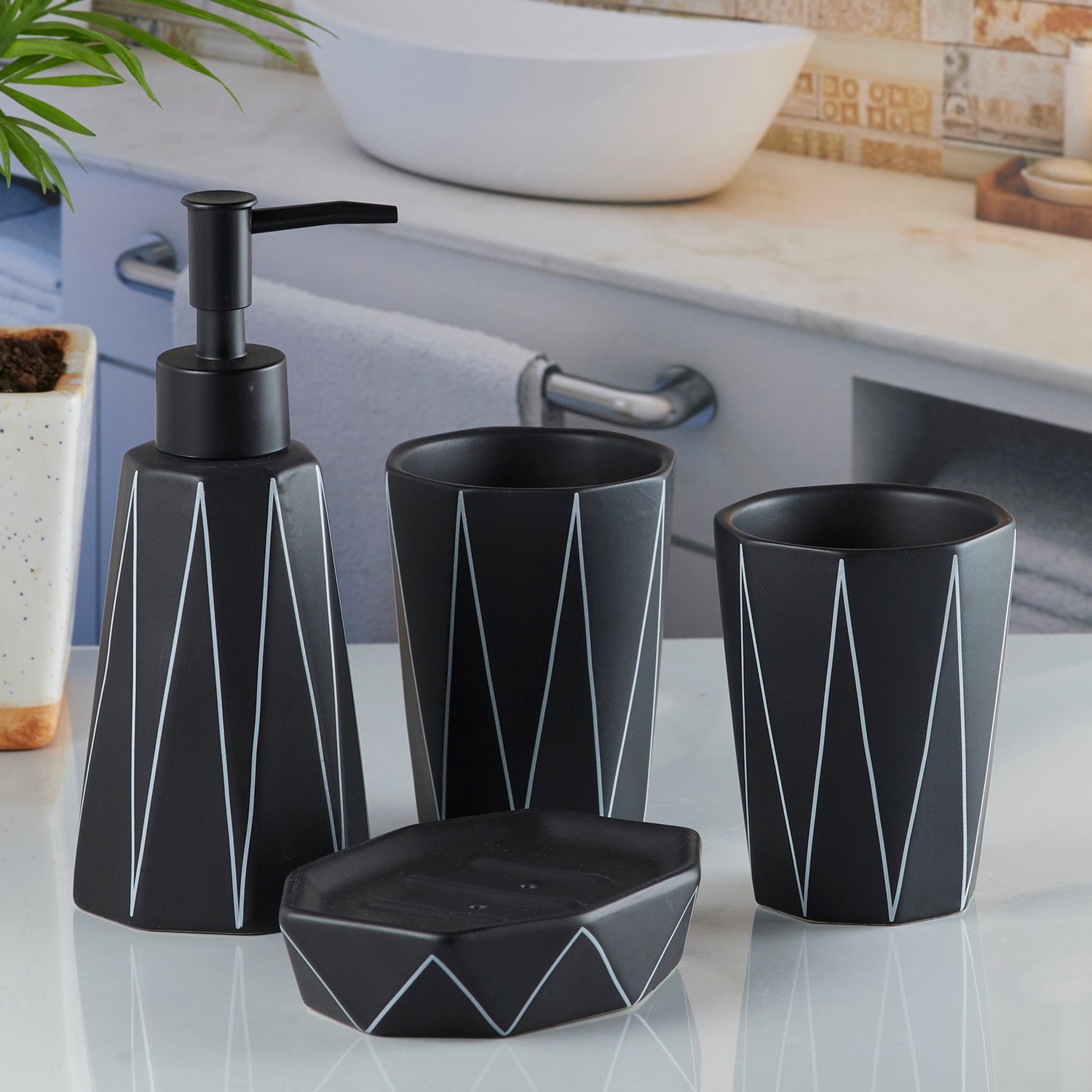 Ceramic Bathroom Accessories Set of 4 with Soap Dispenser (10243)