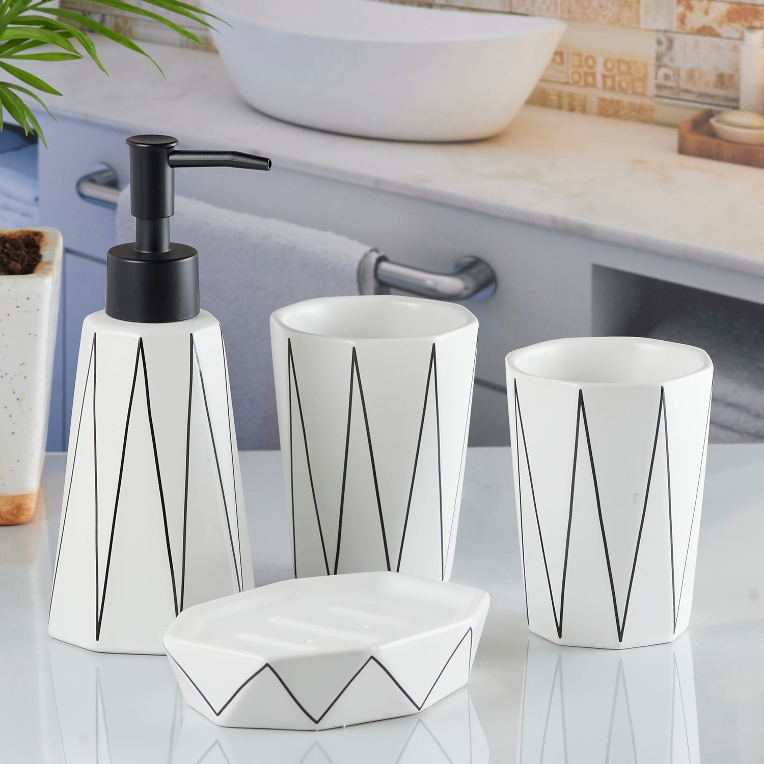 Ceramic Bathroom Accessories Set of 4 with Soap Dispenser (10243)