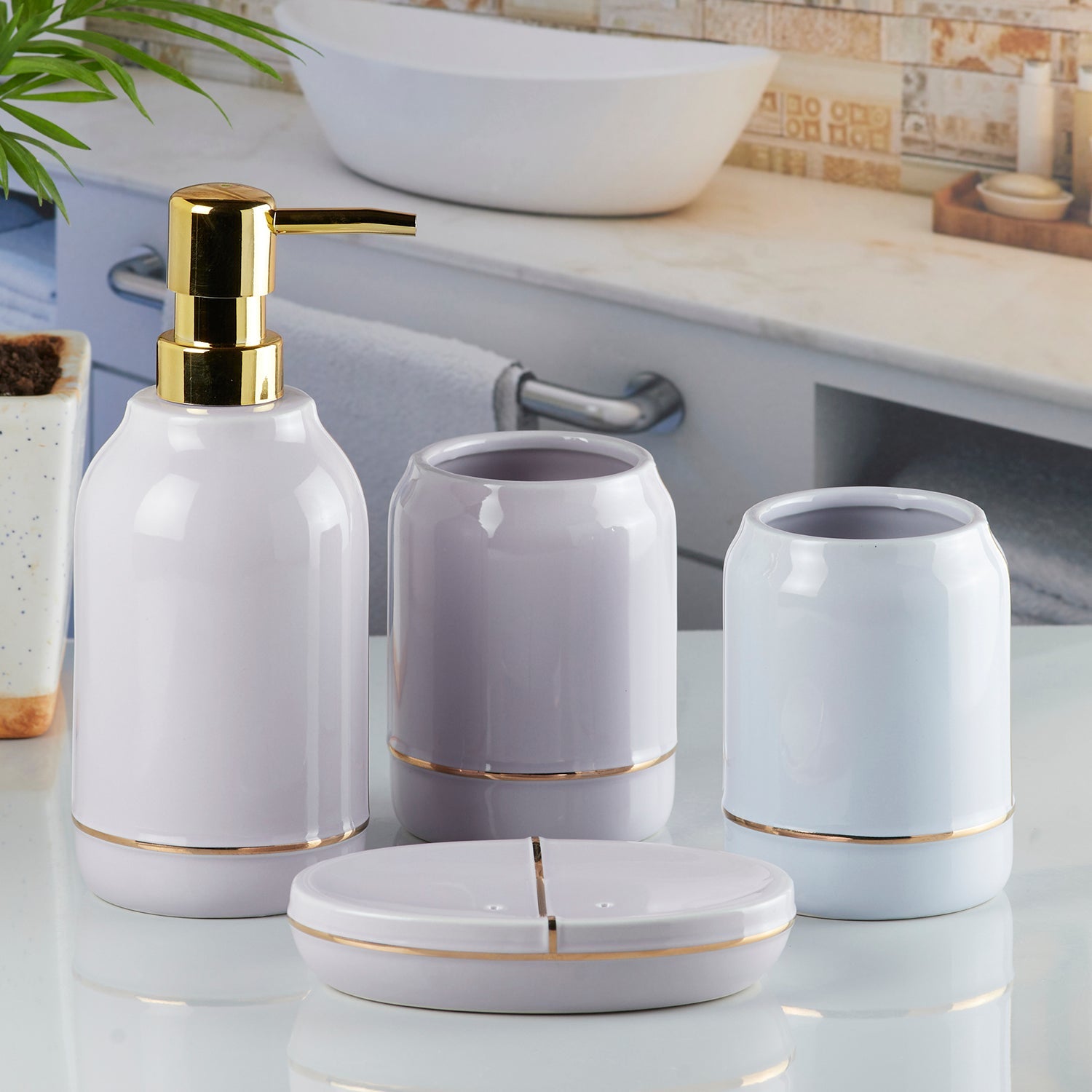 Ceramic Bathroom Accessories Set of 4 with Soap Dispenser (8487)