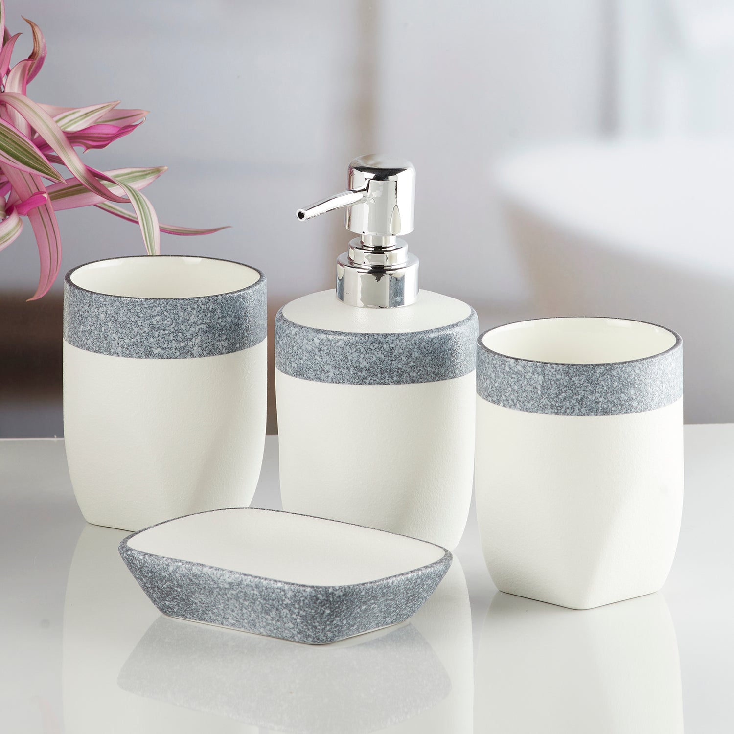 Ceramic Bathroom Accessories Set of 4 with Soap Dispenser (10249)