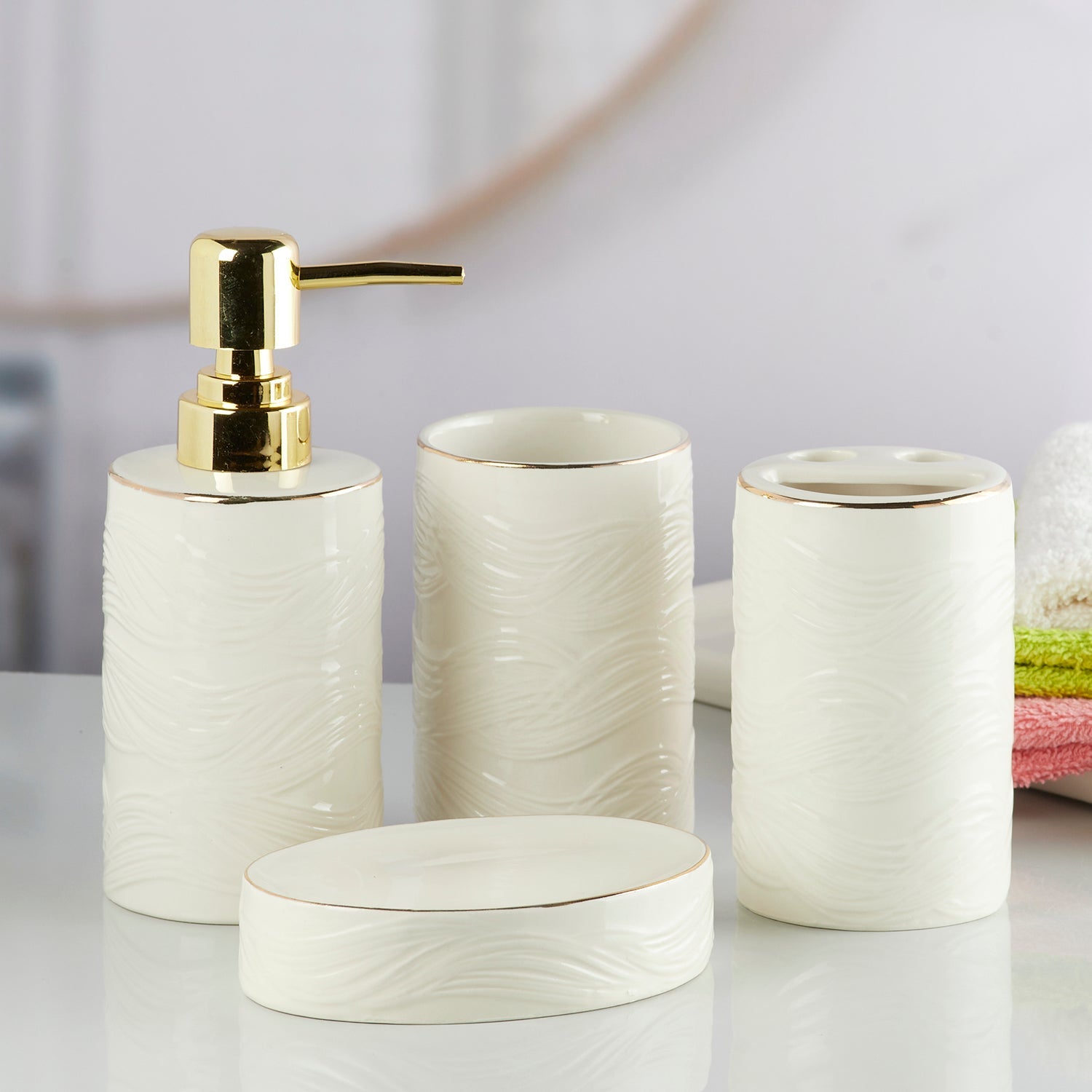 Ceramic Bathroom Set of 4 with Soap Dispenser (10253)