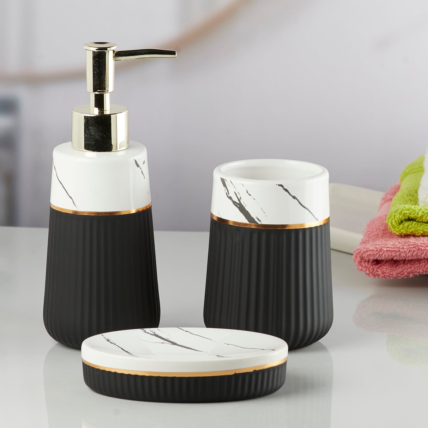 Ceramic Bathroom Accessories Set of 3 with Soap Dispenser (10257)