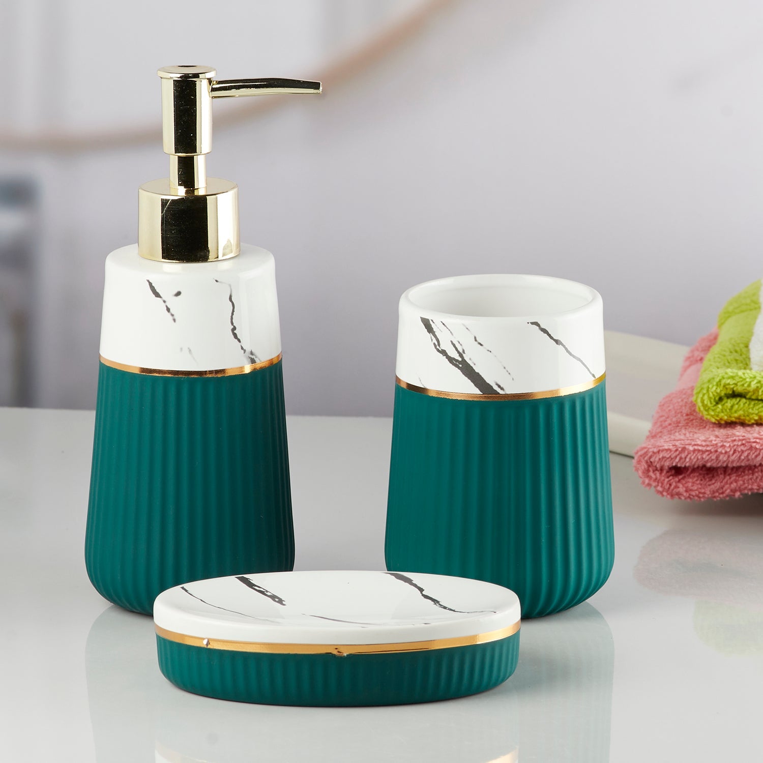 Ceramic Bathroom Accessories Set of 3 with Soap Dispenser (10257)