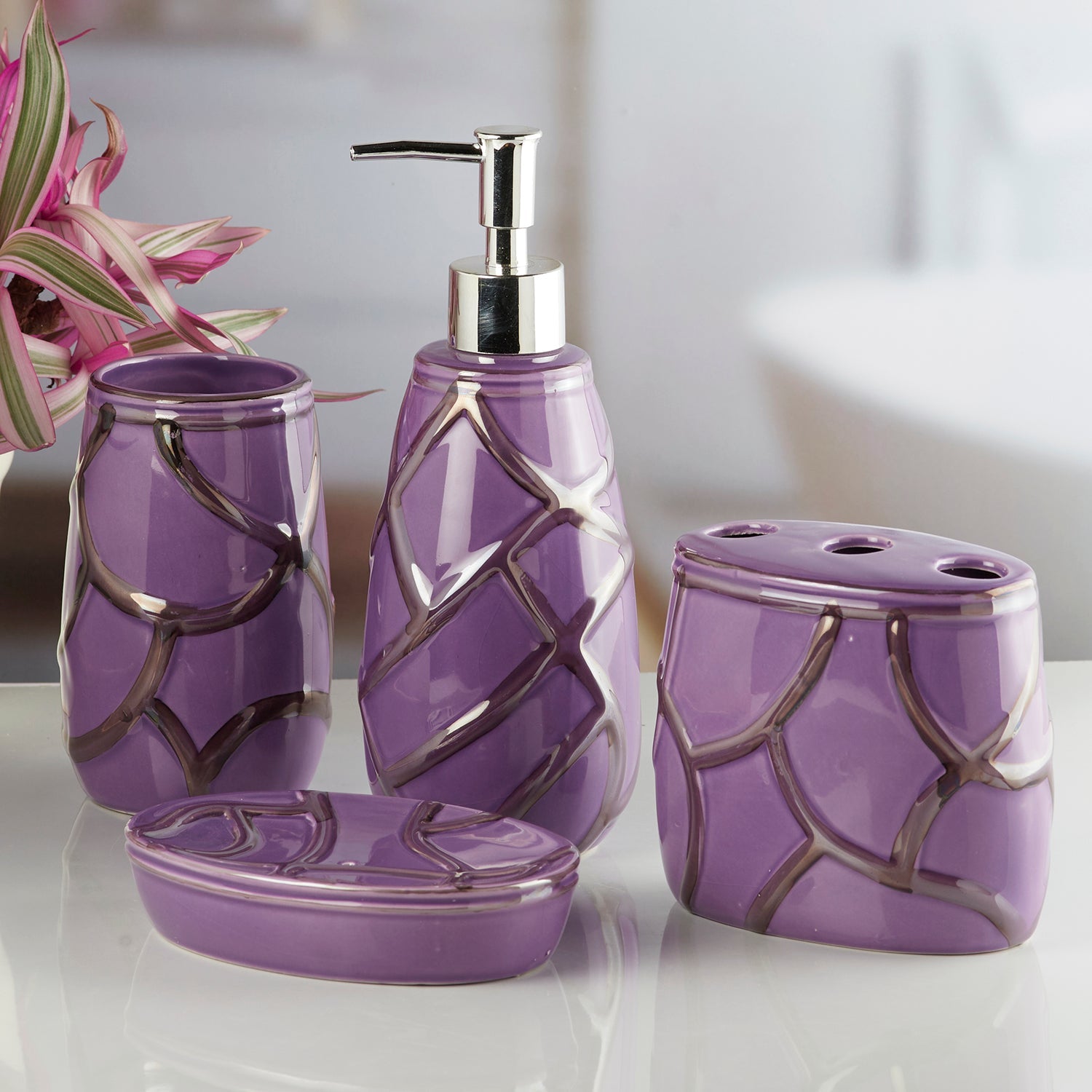 Ceramic Bathroom Accessories Set of 4 with Soap Dispenser (10259)