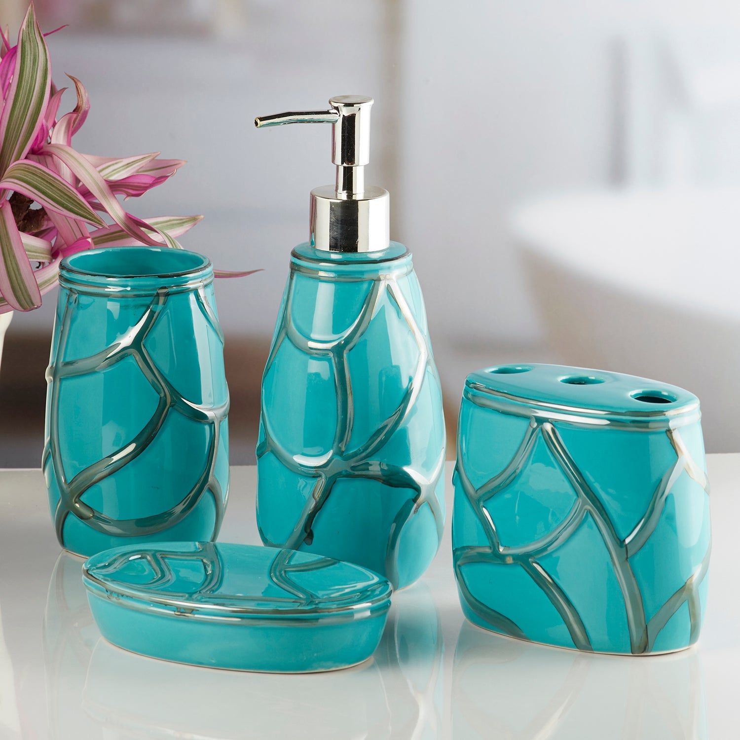 Ceramic Bathroom Accessories Set of 4 with Soap Dispenser (10259)