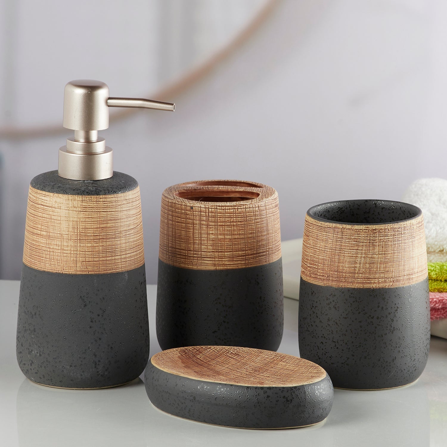 Ceramic Bathroom Accessories Set of 4 with Soap Dispenser (10261)