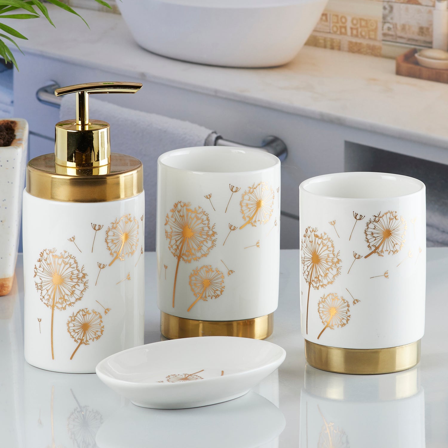 Ceramic Bathroom Set of 4 with Soap Dispenser (10382)