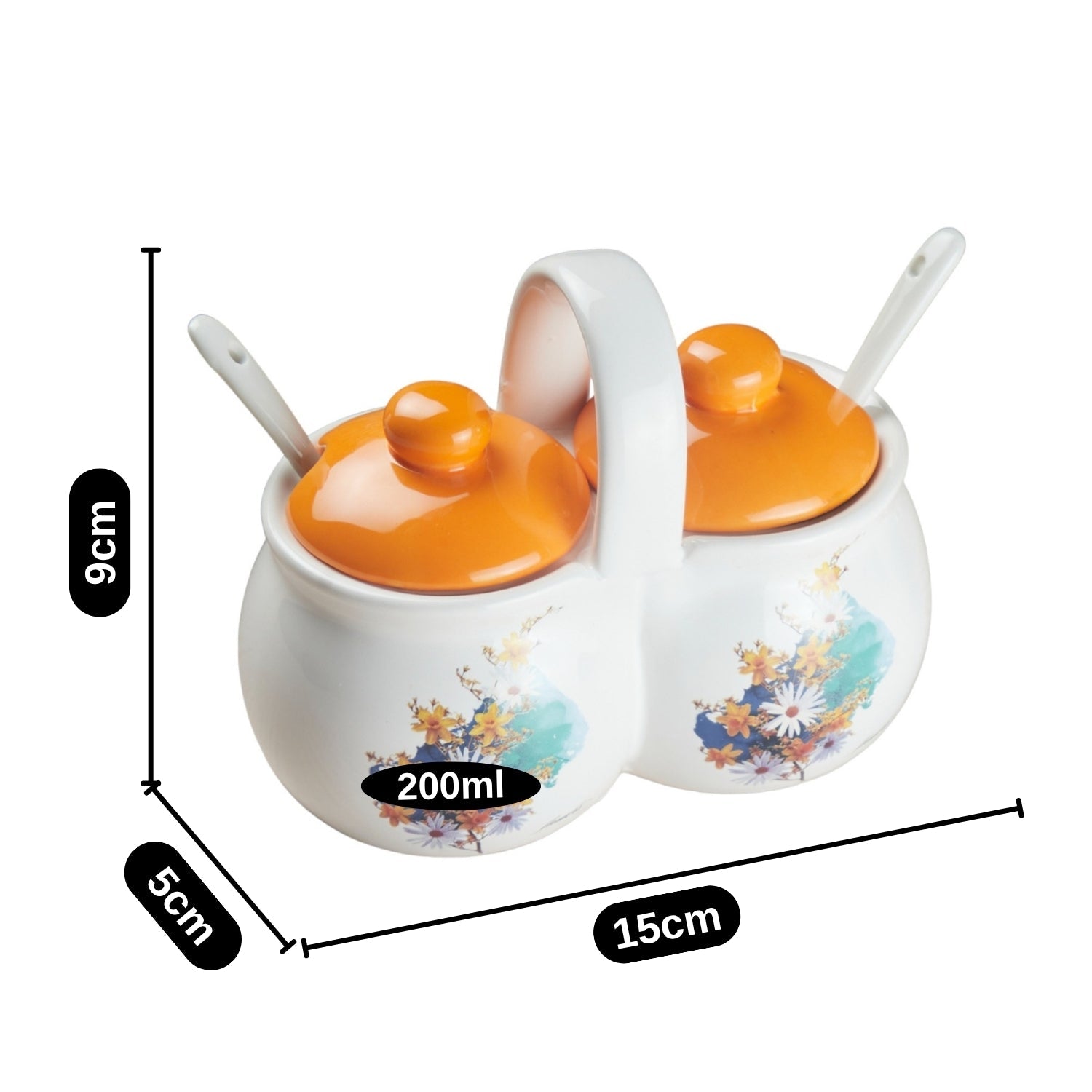 Ceramic Twin Condiment Jars with Lid & Spoon for Serving Pickle & Sauces (10271)