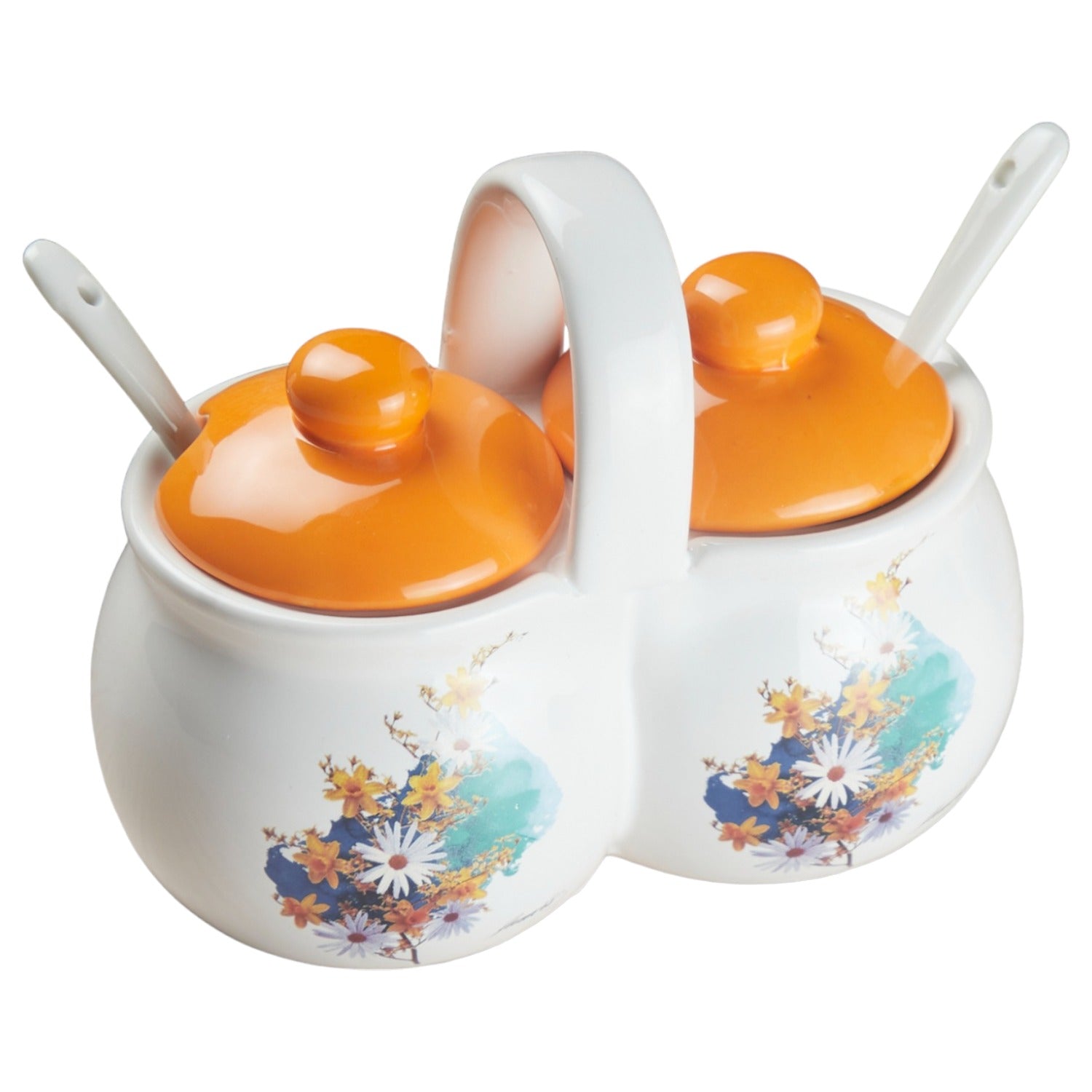 Ceramic Twin Condiment Jars with Lid & Spoon for Serving Pickle & Sauces (10271)