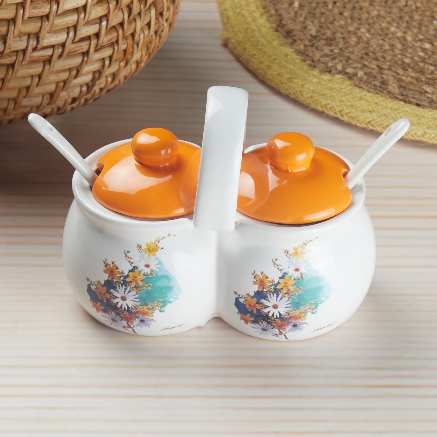 Ceramic Twin Condiment Jars with Lid & Spoon for Serving Pickle & Sauces (10271)