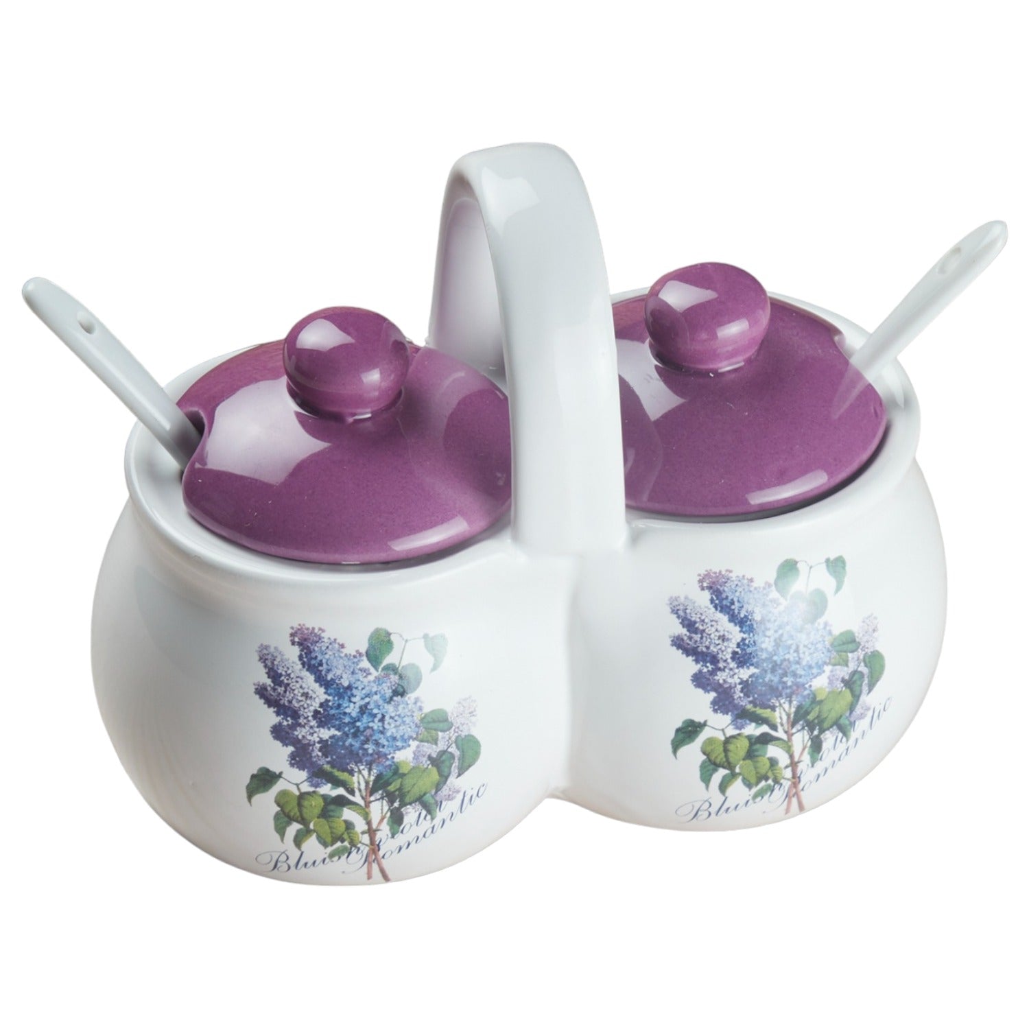 Ceramic Twin Condiment Jars with Lid & Spoon for Serving Pickle & Sauces (10272)