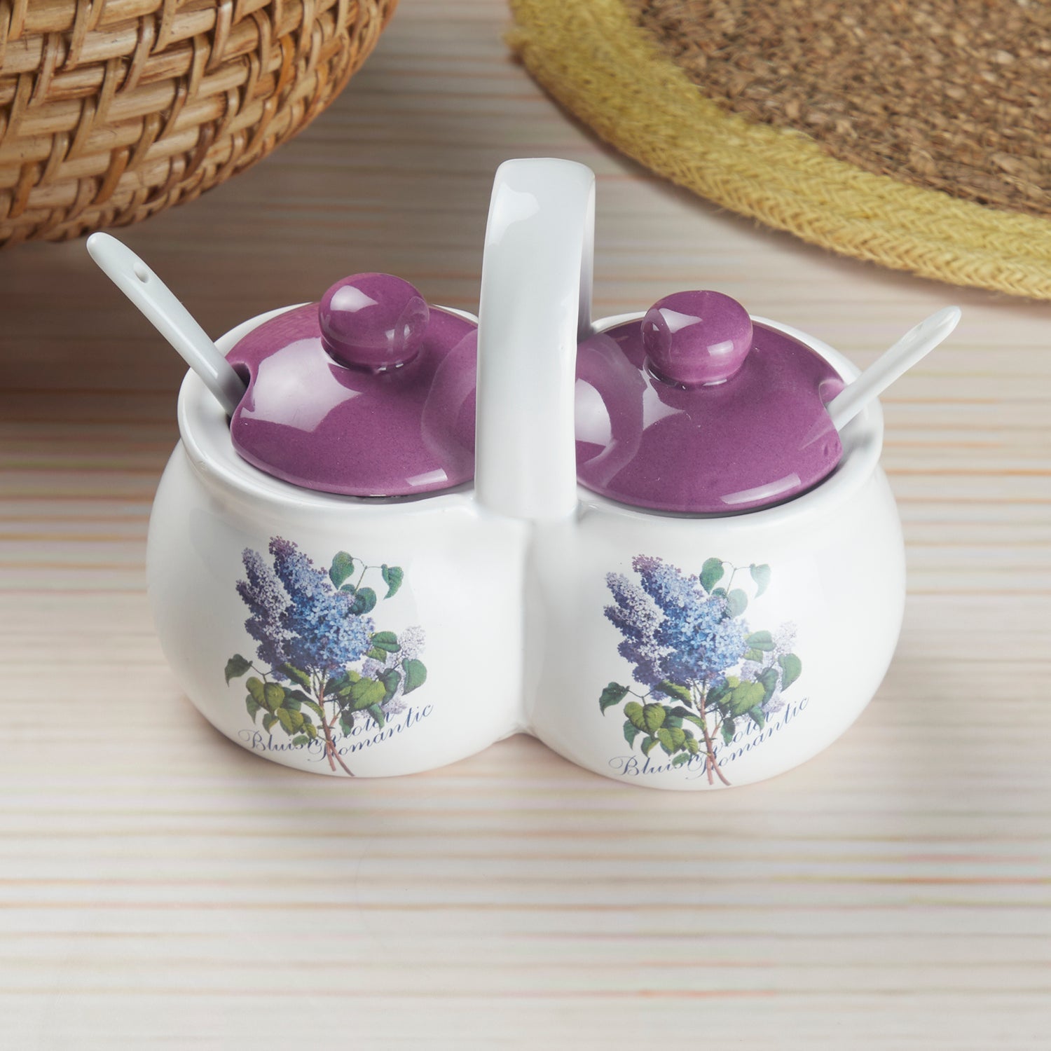Ceramic Twin Condiment Jars with Lid & Spoon for Serving Pickle & Sauces (10271)