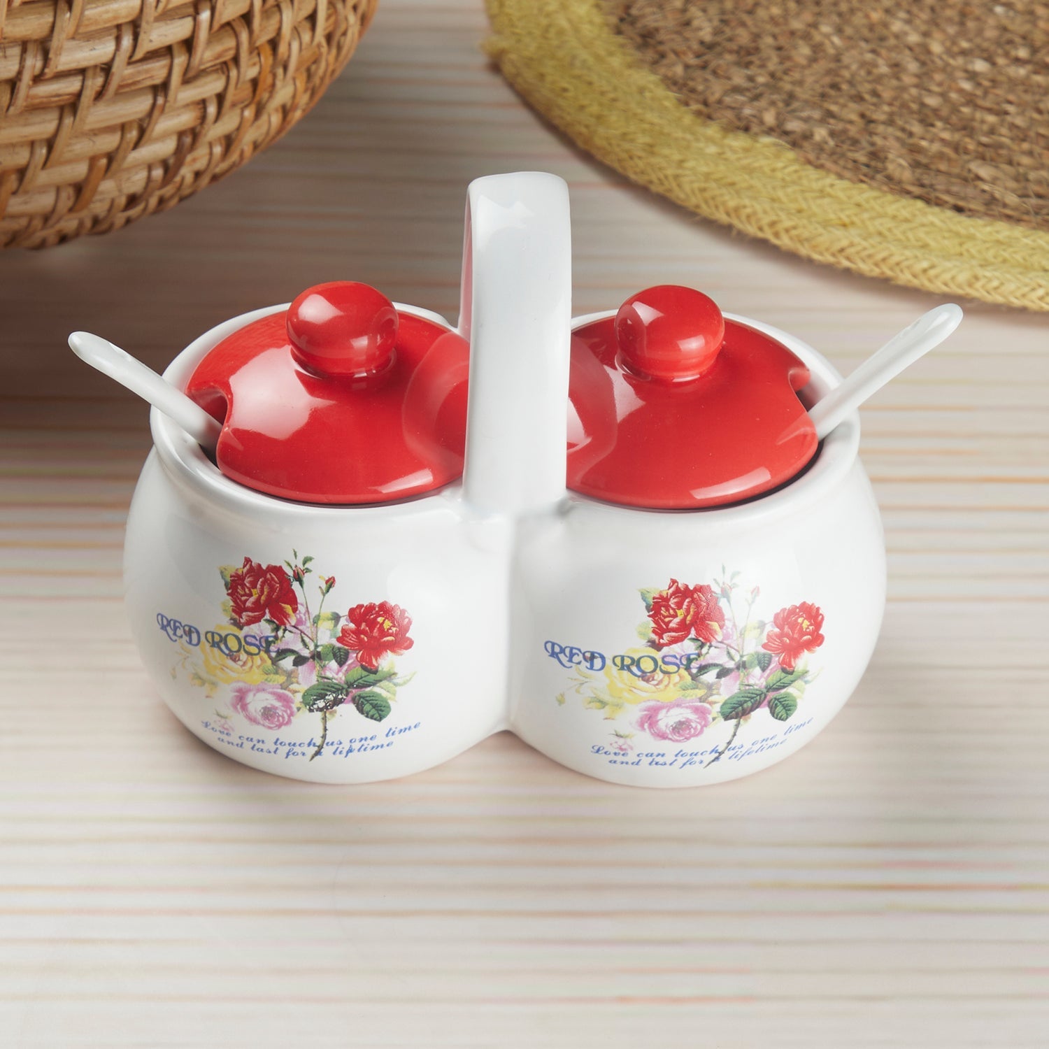 Ceramic Twin Condiment Jars with Lid & Spoon for Serving Pickle & Sauces (10271)