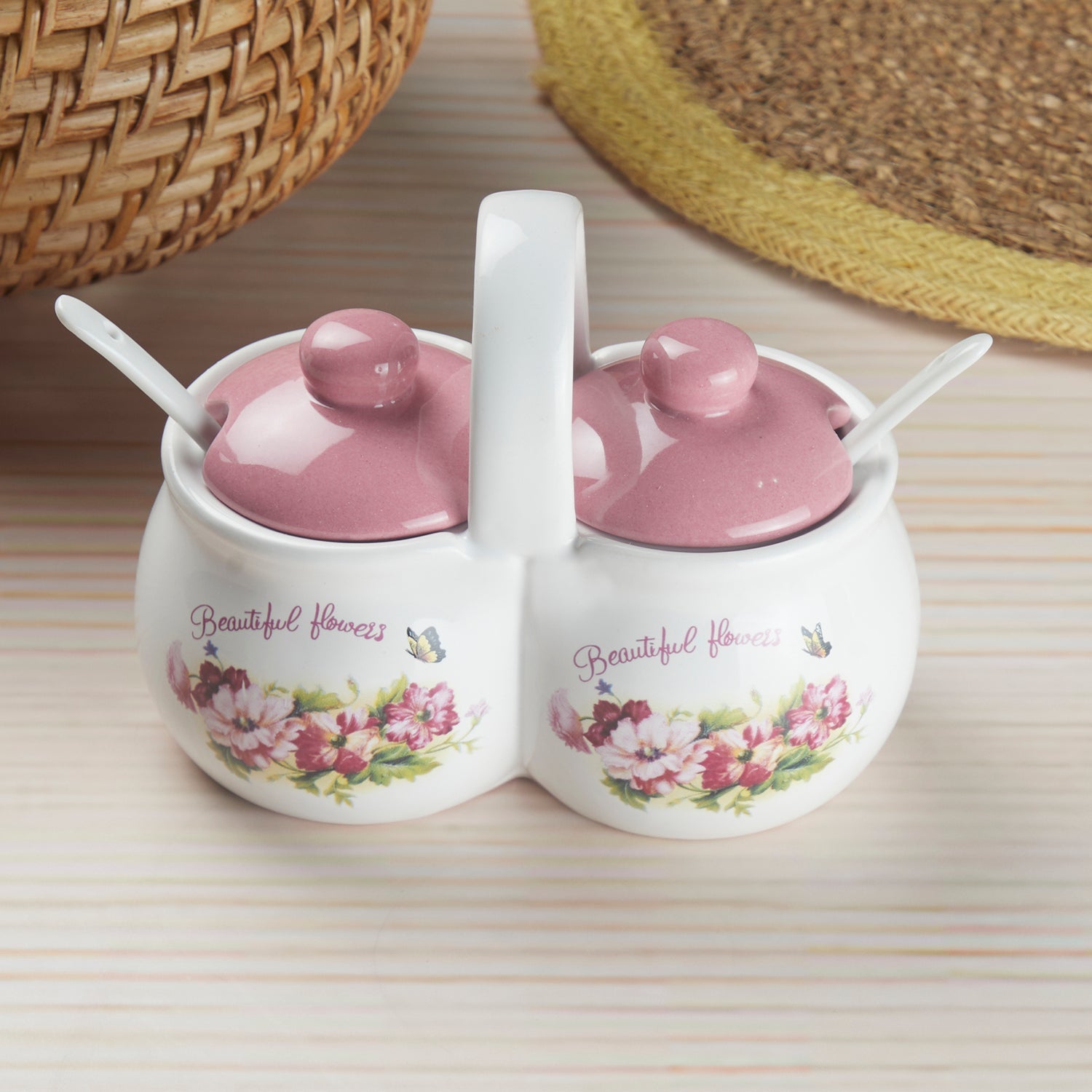 Ceramic Twin Condiment Jars with Lid & Spoon for Serving Pickle & Sauces (10271)