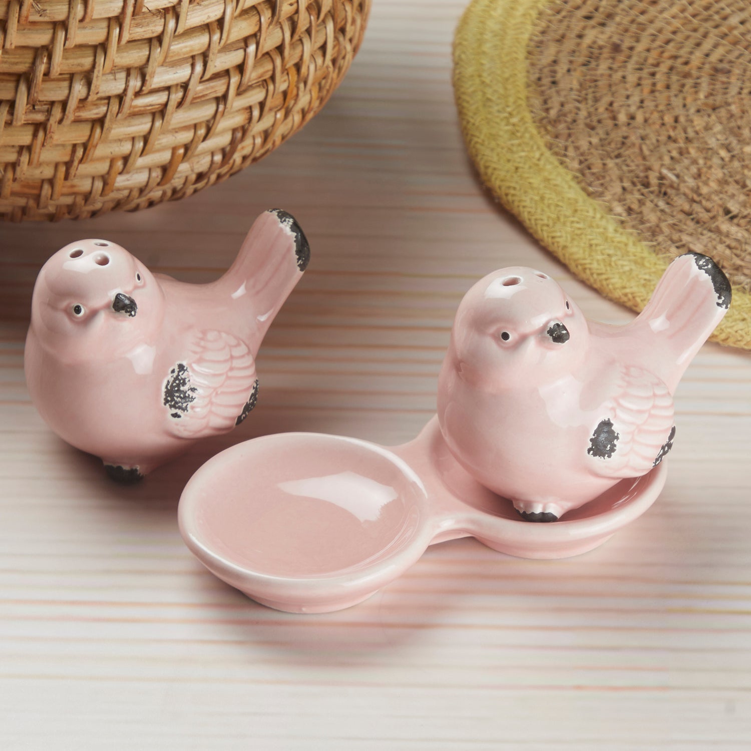 Ceramic Salt and Pepper Set with tray, Sparrow, Pink (10275)