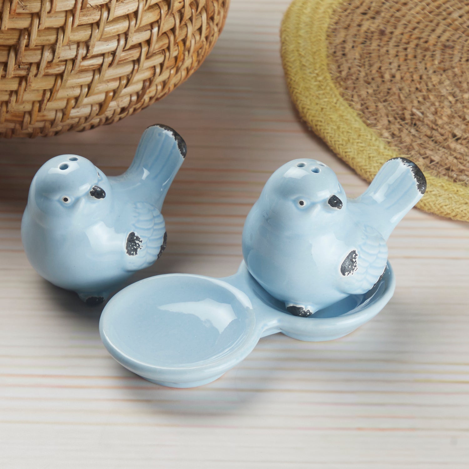 Ceramic Salt and Pepper Set with tray, Sparrow, Pink (10275)