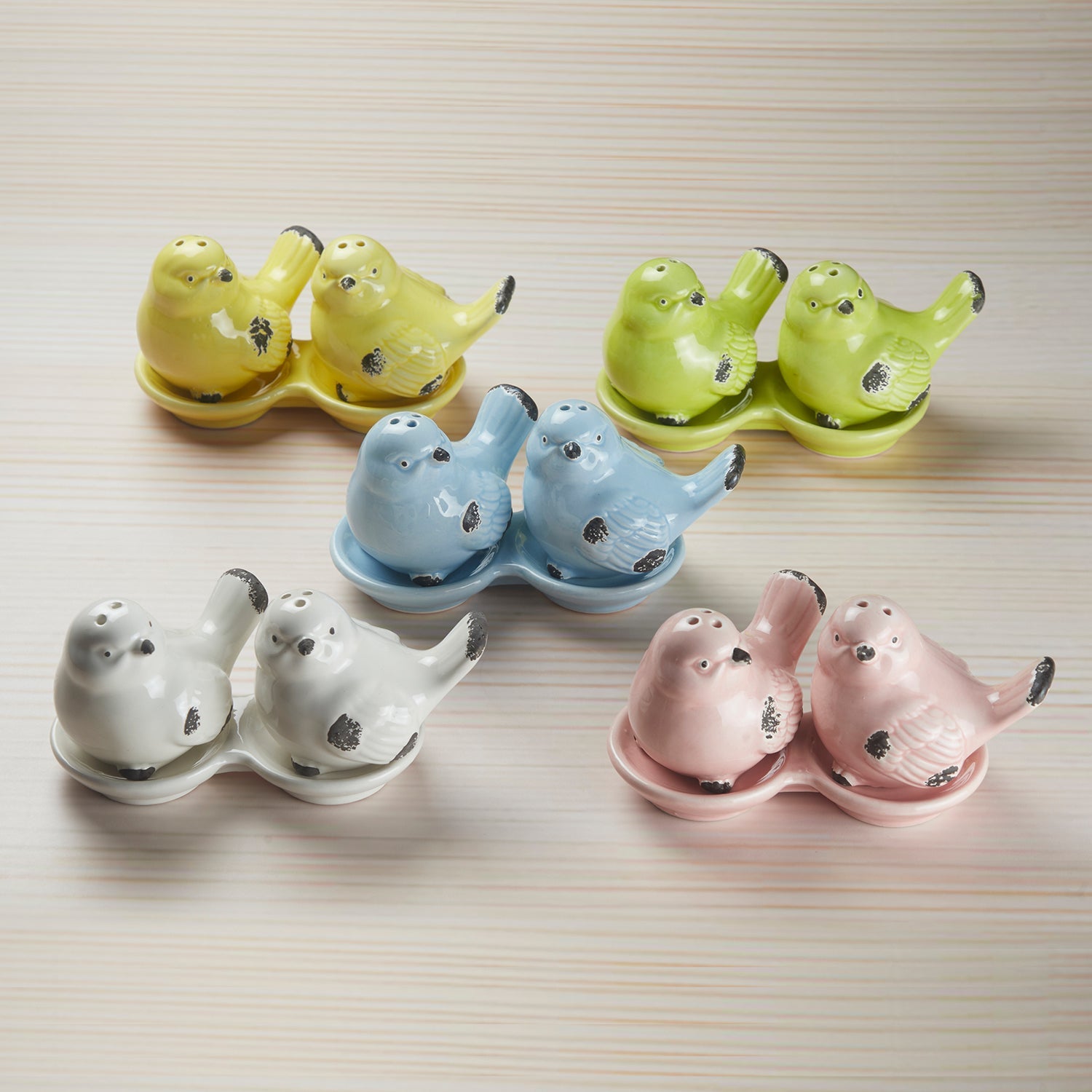 Ceramic Salt and Pepper Set with tray, Sparrow, Pink (10275)